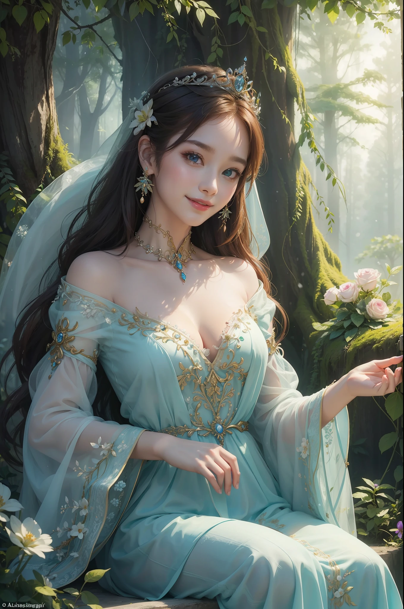 ((top-quality、​masterpiece、photographrealistic:1.4、8K))、Beautuful Women、Beautiful expression、extremely detailed eye and face、beatiful detailed eyes、Leprechaun、（Mysterious white dress in European style）、（In the forest of dawn、Fairy princess wearing a crown of flowers、Draw the beginning of a new day。Her smile and the vibrant nature around her、Creating beautiful harmony。）、Cinematic lighting、Textured skin、Super Detail、high detailing、High quality、hight resolution、Looking at Viewer、Elegant smile、Full body、