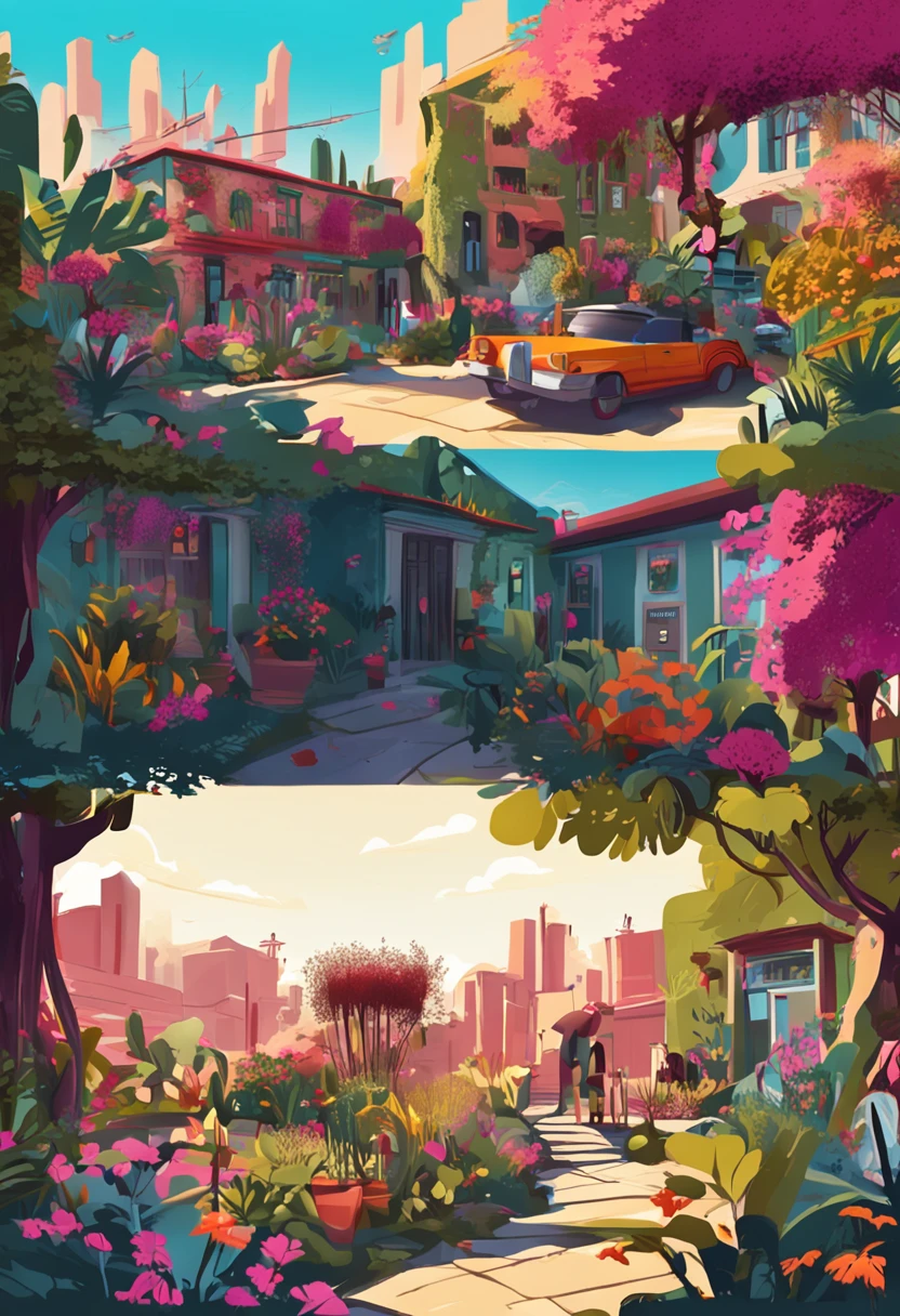 Illustration style,People look low on the perspective,Large botanical garden,There are colorful plants,There are many small gardens,There are several trails,There are a lot of seniors,There are seats for the seats,The background is community housing