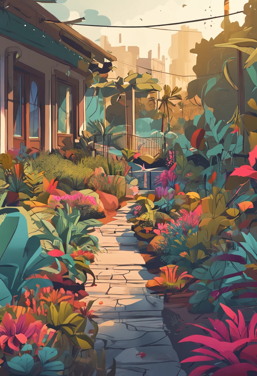 Illustration style,People look low on the perspective,Large botanical garden,There are colorful plants,There are many small gardens,There are several trails,There are a lot of seniors,There are seats for the seats,The background is community housing