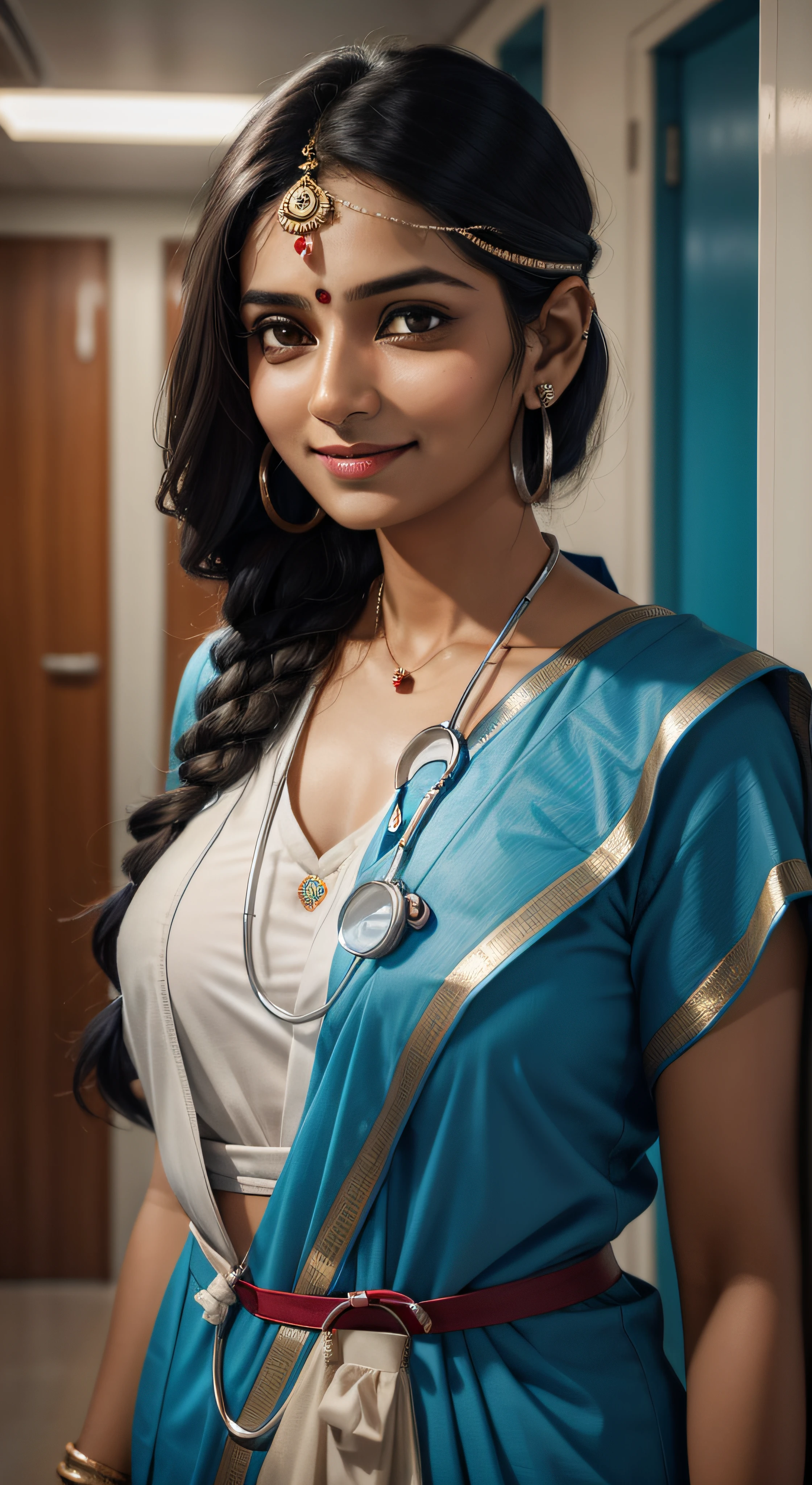 A portrait photo of an Indian Lady, a Doctor with a Stethoscope hanging from her neck, blueish background resembling hospital environment. Inside a hospital. Simple bangles in her hand and a Bindi. Simple silver ear rings in each ear and a red Bindi in her forehead. Gives a light beautiful smile