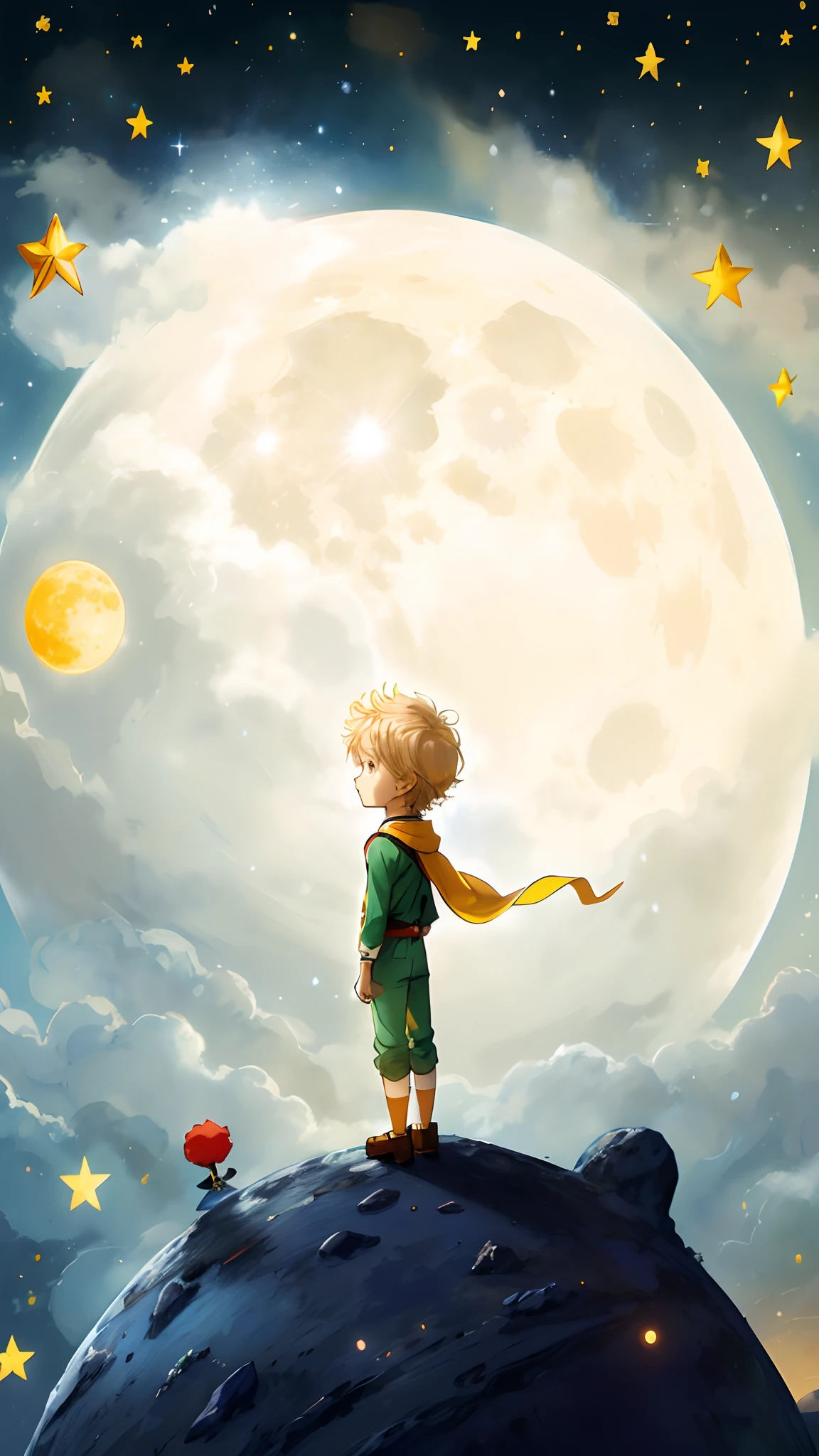there is a little boy standing on a hill looking at the moon, the little prince, fan art, key art, epic full color illustration, epic digital art illustration, official illustration, official art, hd wallpaper, wallpaper - 1 0 2 4, highly detailed exquisite fanart, stunning digital illustration, in the moon, digital cartoon painting art, 2 d cg