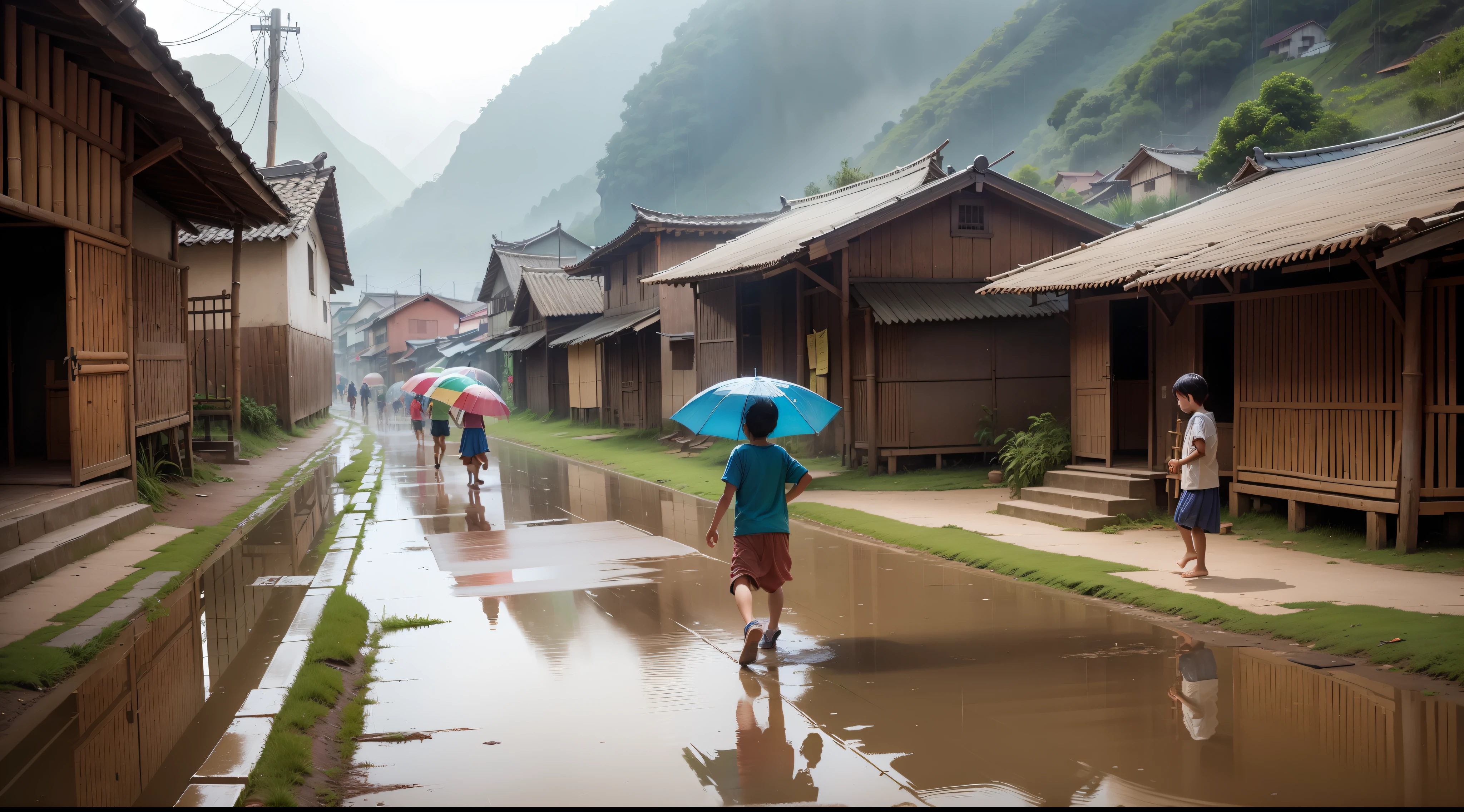 A beautiful village, houses were made of bamboo, children were playing in the street, with little shower of rain