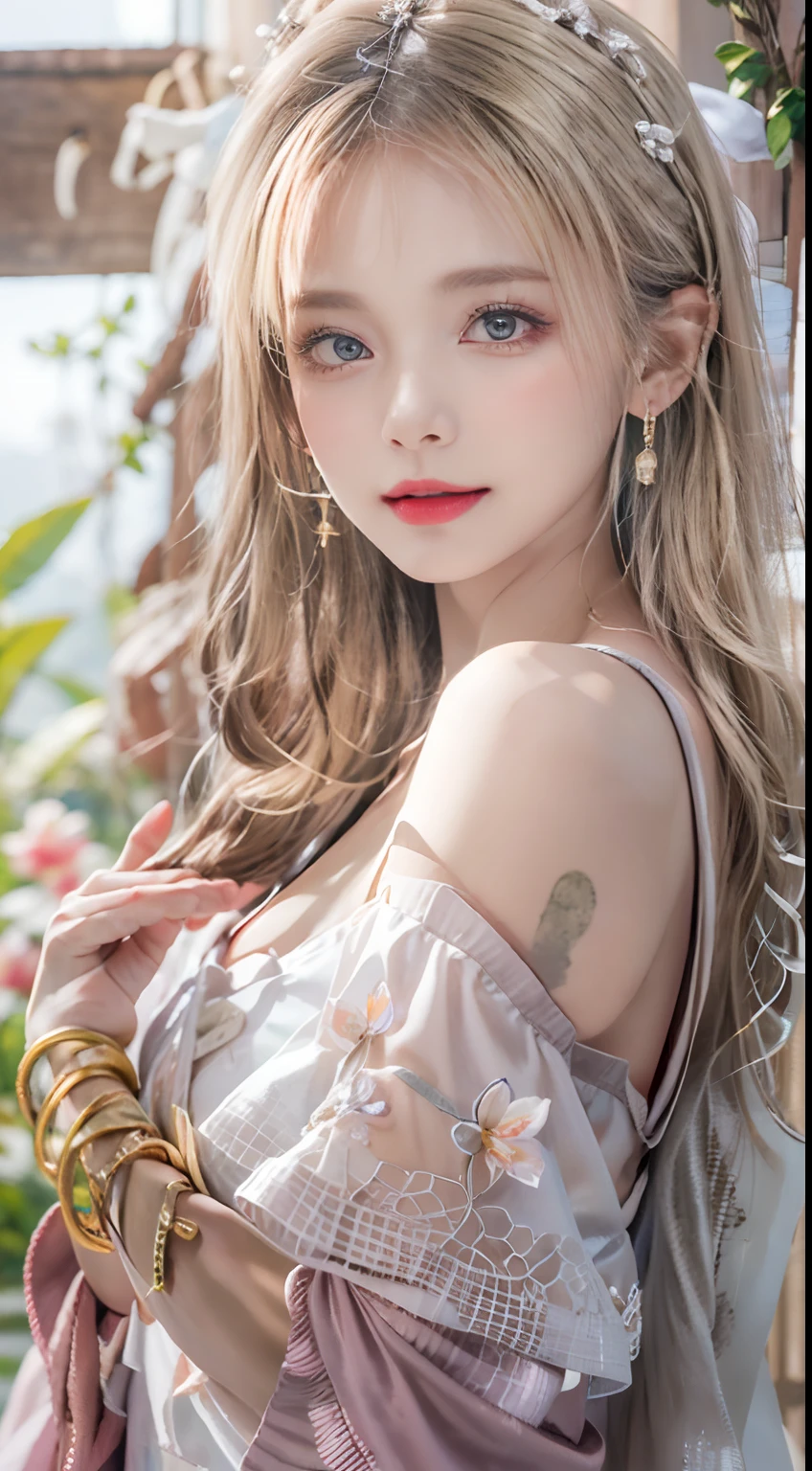 ((realistic)), ((from below)), a young girl, beautiful teenage girl, Silk material, Silk luster, on cheongsam, cropped shoulders, slim, Slimming the waist, high-heels, Shy, grin, Baring teeth, 耳Nipple Ring、choker necklace、Hairpins，Heavy makeup，Gorgeous eye makeup，extremely beautiful eyes, golden hair, curlies, Long flowing hair, simple backgound, sitting in the couch, posed for photo, posing elegantly, Random shooting angle, warm lights, a warm color palette, Professional lighting, フォトンマッピング, ラジオシティ, Physically-based rendering, RAW photos, Best quality, beauitful face,  Beautiful skins， Attractive， 超高分辨率， ultra real photo