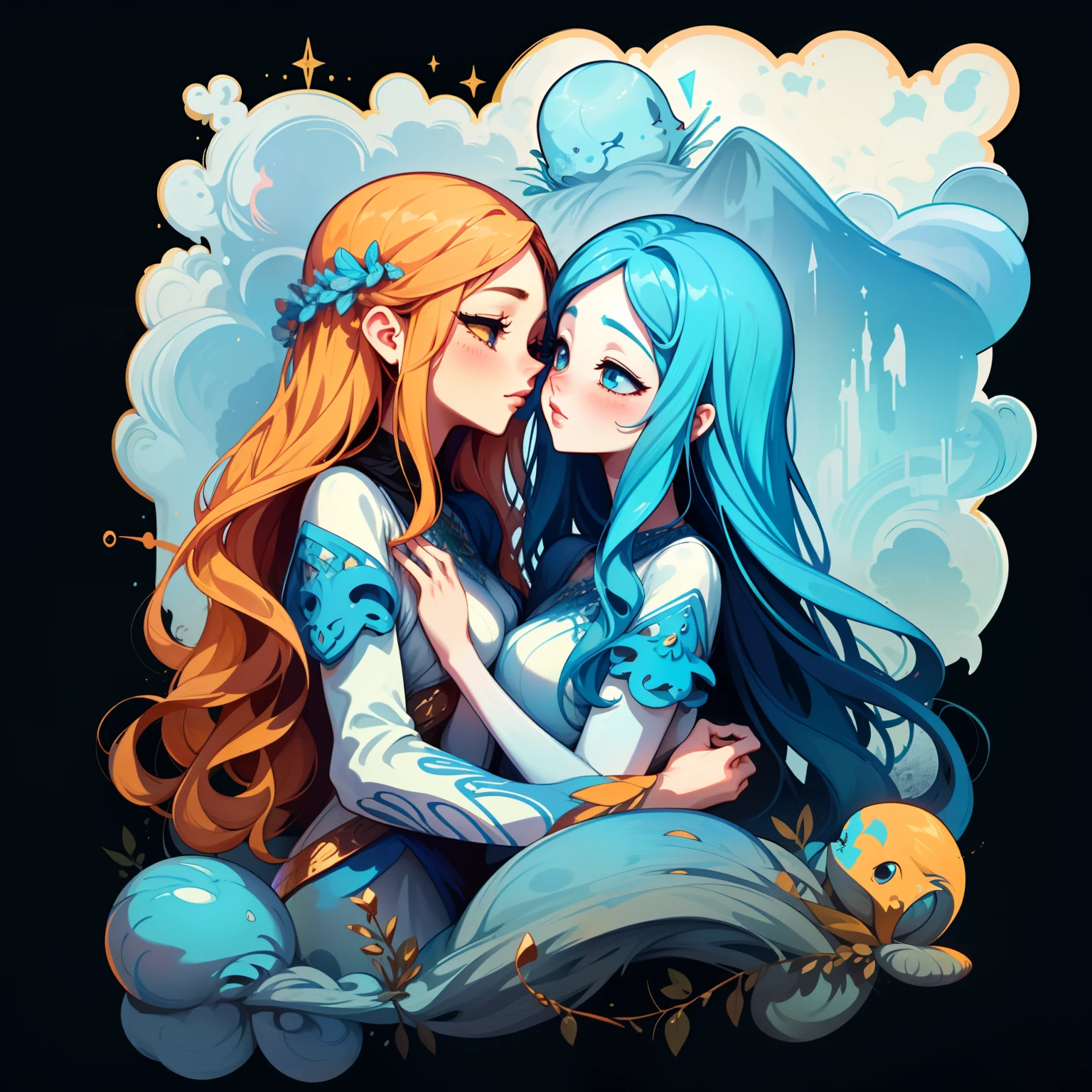 adesivo, fundo simples, portrait, 2 girls, couple, kissing, girl with long hair, beautiful goddess girl, goddess aesthetic, beautiful girl, very beautiful fantasy art, beautiful and elegant female goddess, beautiful detailed fantasy, yellow and blue color palate, blue color-theme