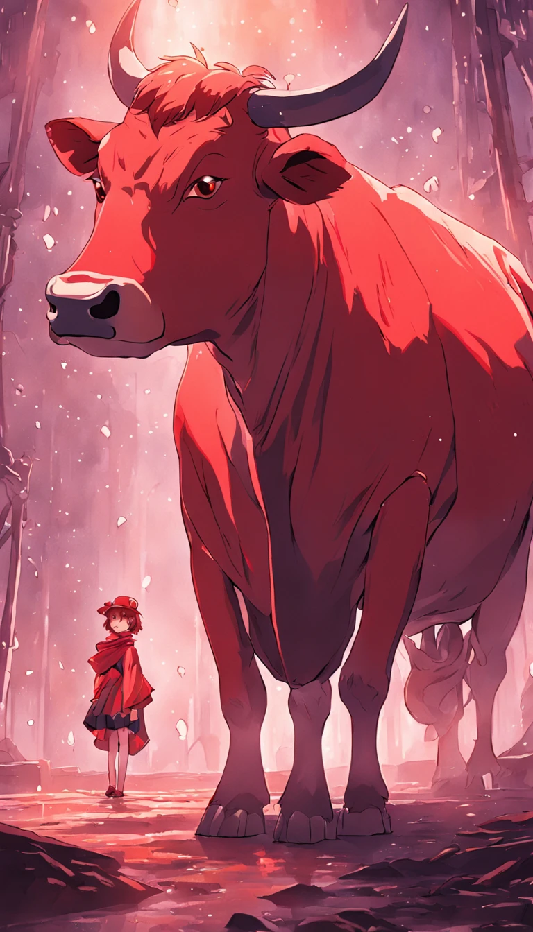 The cow wears red，wearing hat
