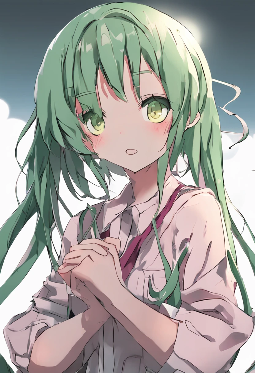Anime girl holding hands with green hair and pink eyes, visual novels CG, visual novel, ; visual novel, close up iwakura lain, higurashi, anime moe art style, in ryuuou no oshigoto art style, pc screenshot, kantai collection arcade, girl, anime style like fate
