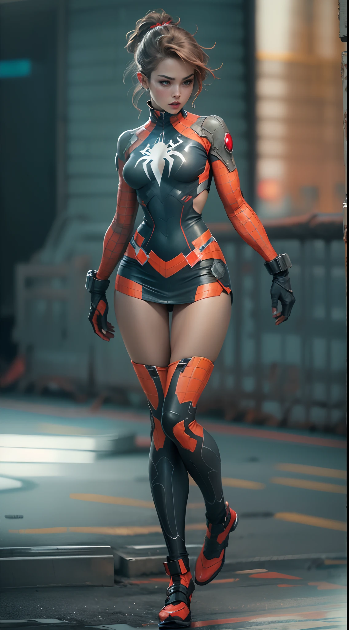 female Daredevil from Marvel, big breasts, frontal, full-length, looking at the camera, facing the audience, standing pose, Hell's Kitchen background, three-dimensional light, detailed full-body concept, sleek digital concept art, beautiful full-body concept art, art trend, CGsociety full-length,