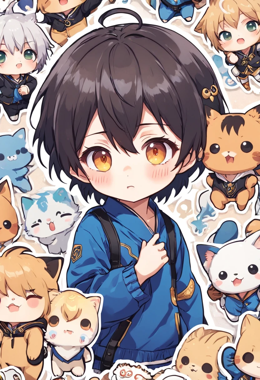 Close-up of a bunch of stickers，There is a different photo of a boy on it, a sticker, unused sticker sheet, Kawaii chibi, kawaii cutest sticker ever, Cute kawaii boy, Cute anime, Chibi anime boy, water color nendoroid, Cute anime style, Soft anime illustration, Anime moe art style, lovely art style, anime chibi, Moe anime boy, Cute anime cat
