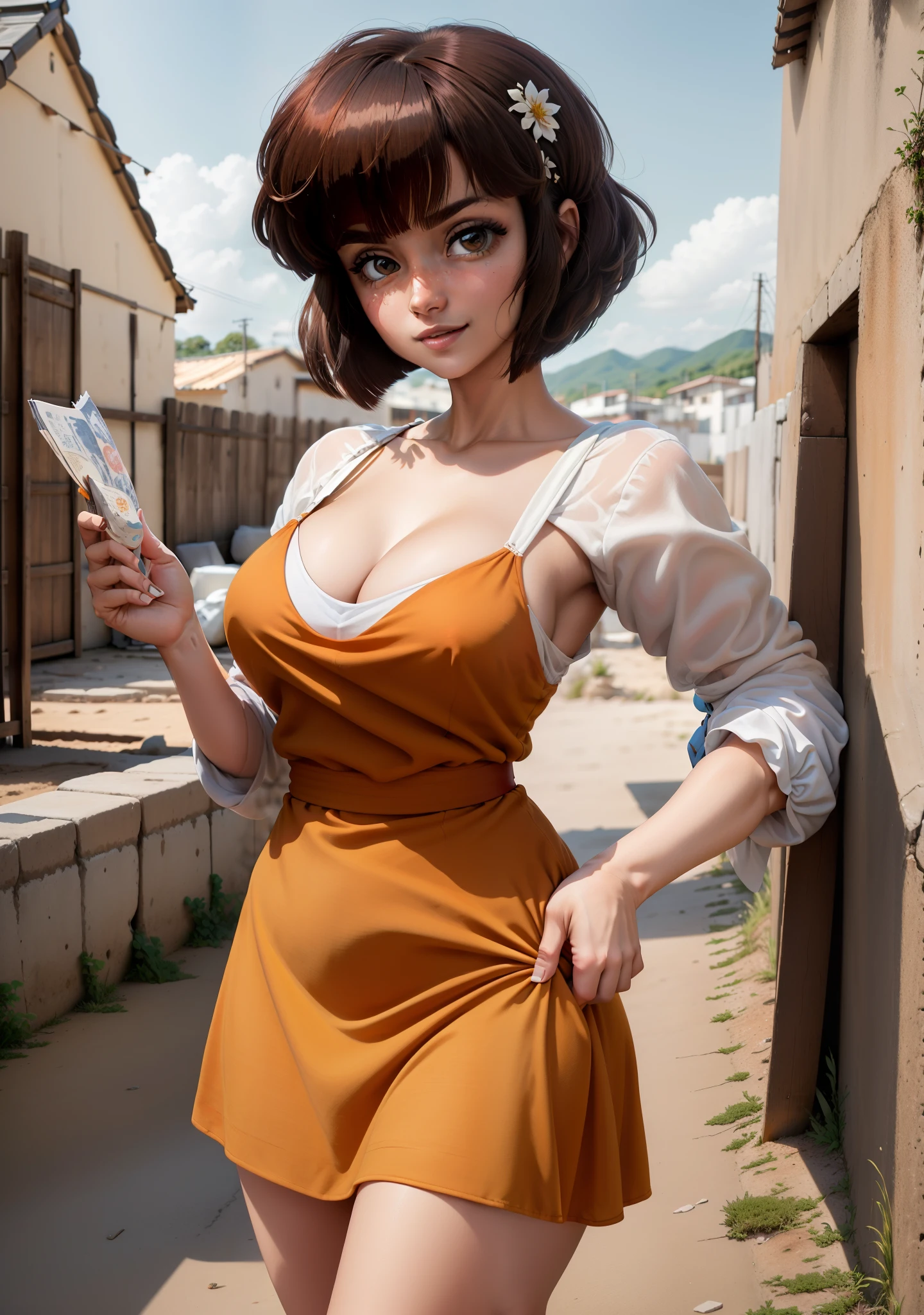 (NabikiWaifu:1), mujer linda, mujer hermosa,cara perfecta, perfect expression,mirada picarona,sonrisa, pose sexy, Mirando al espectador, vestido corto, vestido naranja colorido,(vestido:1), uniforme corto, mostrando muslos, waifu girl,posando sexy, apoyada en la pared,ojos brillantes, cabello corto, piel brillante, figura perfecta,flequillo recto, pelo recto,straight bangs, short hair, wink eye, corregir manos

(realista:1.2), (realismo), (Obra maestra:1.2), (La mejor calidad), (Ultra detallado), (8k, 4k, intrincado),(Tiro de cuerpo completo:1),(Cowboy-shot:1.2), (85mm),light particles, luci, (Altamente detallado:1.2),(Cara detallada:1.2), (Gradientes), NSFW, De color, ojos detallados,

(Ladscape detallado, casa japonesa madera,jardin,(Antecedentes detallados),Paisaje detallado, (Dynamic Angle:1.2), (dynamic  pose:1.2), (Regla de la tercera_compositing:1.3), (Line of action:1.2), Plano amplio, solamente, Daylight,liz espectacular,billetes dinero en las manos, mujer sujetando dinero, mirada picardia, cara detallada, ojos detallados, manos con cinco dedos