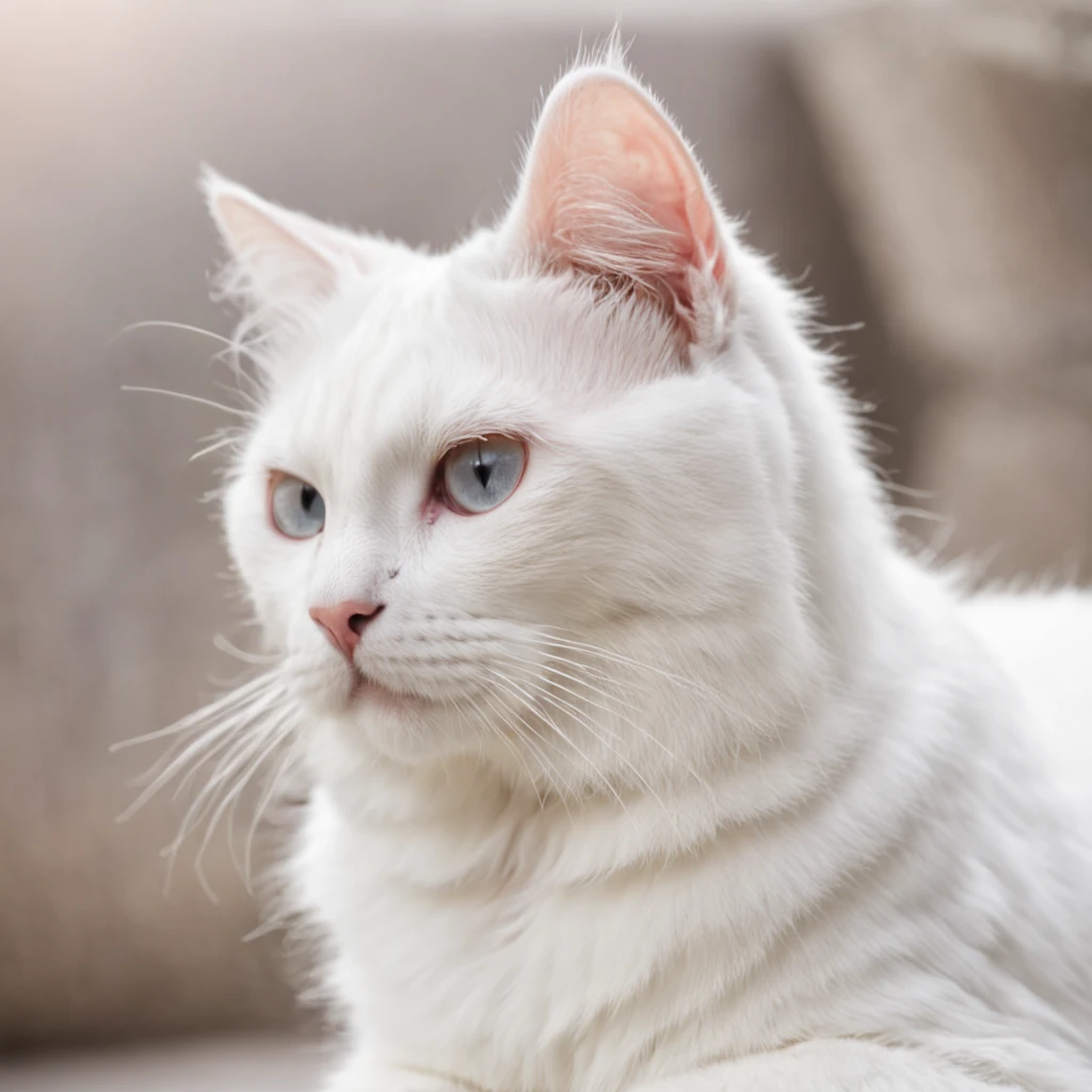 A pure white cat with muffled fur、