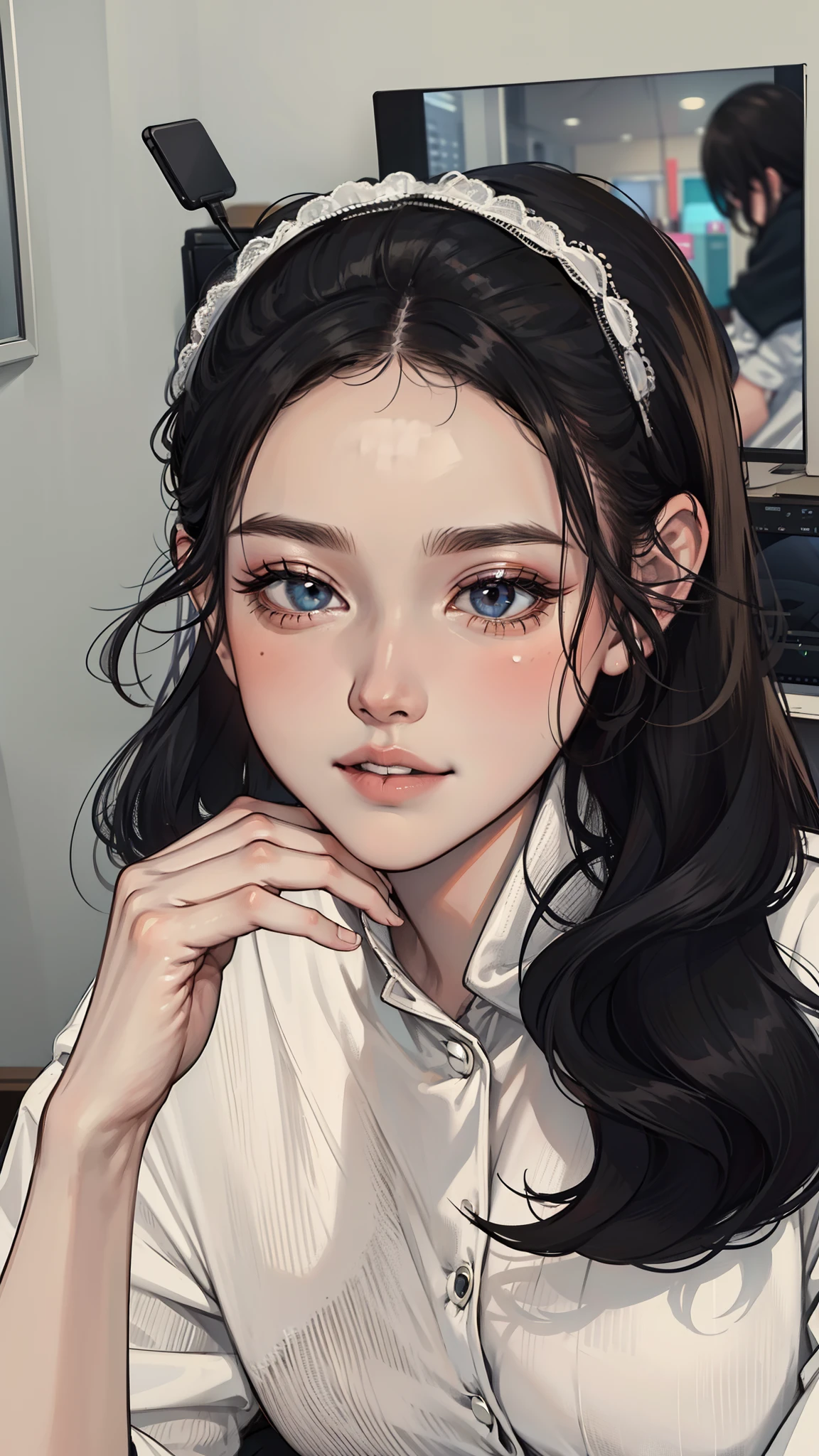A woman with long black hair, wearing a white dress, in office, 4K, high resolution