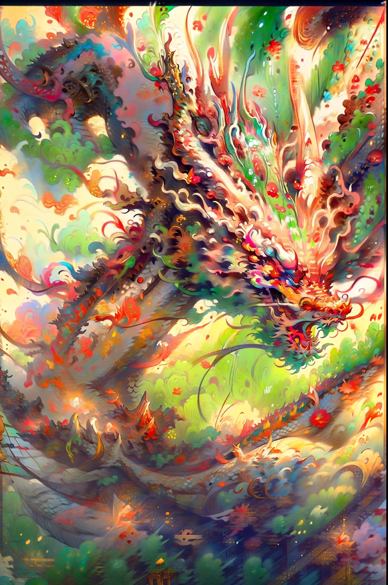 Best quality at best,tmasterpiece,超高分辨率,without humans,(The long:1.2),without humans,red eyes,horn,Huge body,with her mouth open,Skysky,Fang,Yellow-green Chinese dragon,surrounded by cloud,teeth,dragon claw,flight,Better flight attitude form,rich details,Intricate Painting,The style is Chinese Dunhuang painting