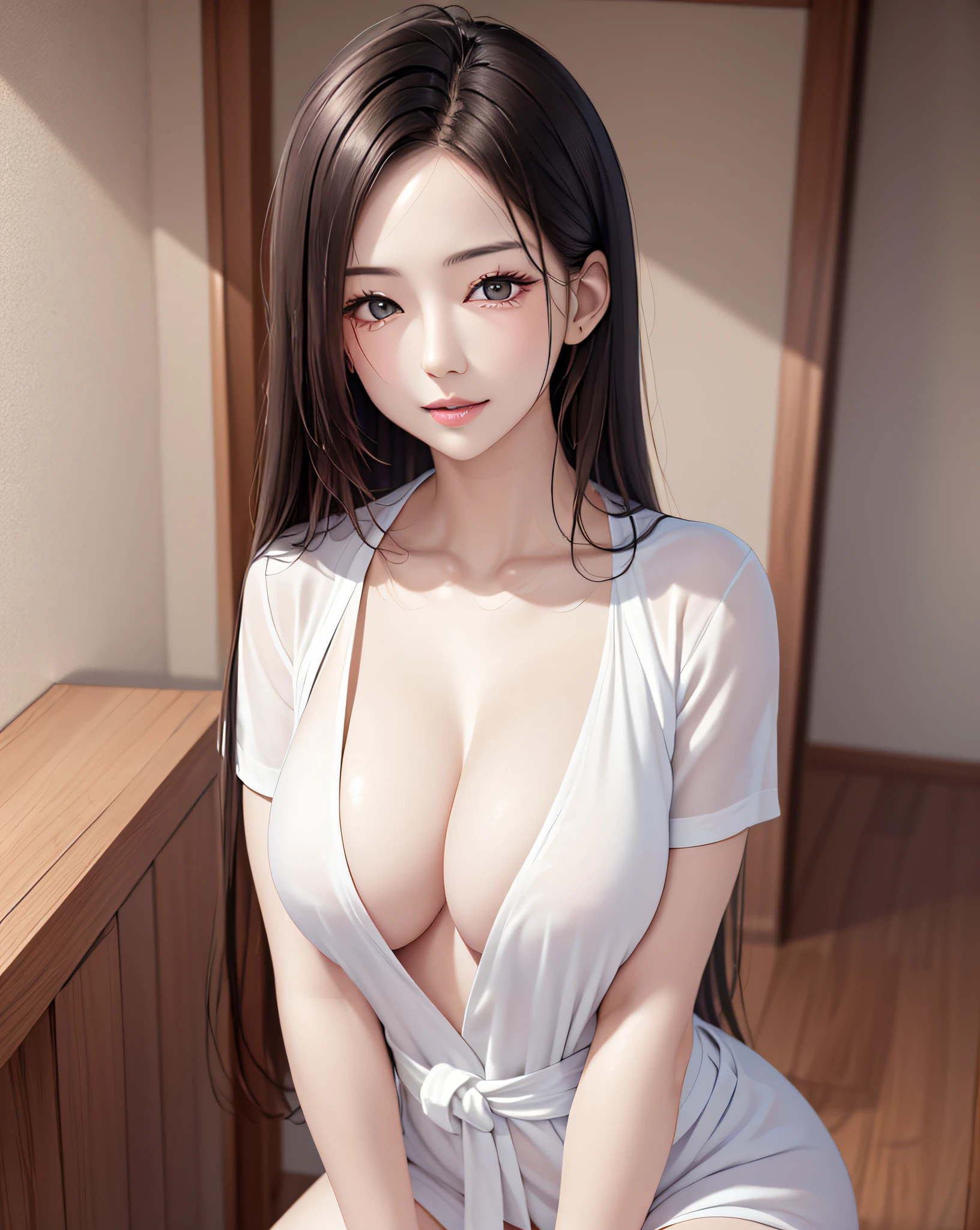 (Best quality, 8k, 32k, Masterpiece, UHD:1.2), (realistic:1.5), (masterpiece, Extremely detailed CG unity 8k wallpaper, best quality, highres:1.2), (ultra detailed, UHD:1.2), (From Below:1.2), 1girl, attractive emotion, cyan eyes, :p, :d, grin smile, BREAK a extremely cute and beautiful Japanese female bodybuilder, (mahogany straight thin hair:1.2), 1girl, solo, adult, (detailed beautiful girl:1.4), ((perfect female body)), (narrow waist:1.05), slender, abs, (large breasts:1.35), BREAK (wearing a white bathrobe:1.3, gown, close shirt:1.3), BREAK at bathroom:1.3, BREAK dark room, indirect lighting, (night:1.3),