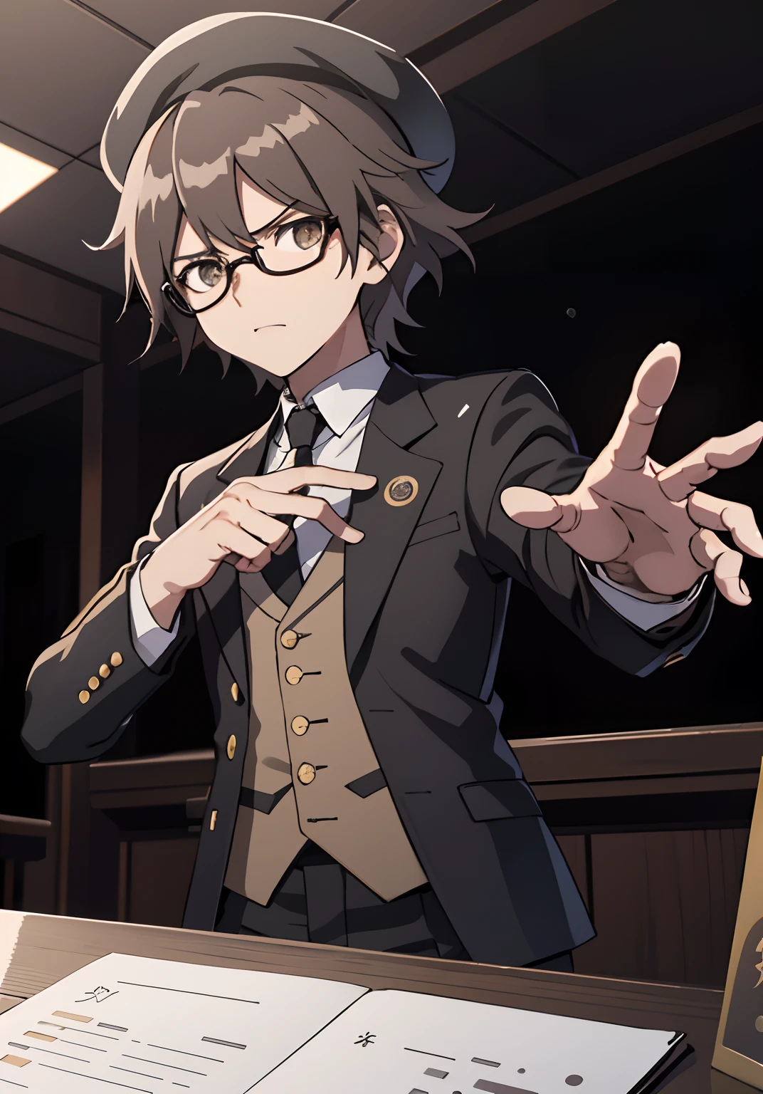 tmasterpiece， Best quality at best， 1boy，brown shirt， monocle， ahoge， short detailed hair， Brown hair， Black pantsuit， Raised his hand， simplebackground， white backgrounid， The upper part of the body，Serious，Handsome，Projectile theory broken，Komatsuzaki，（Masterpiece）， （the Extremely Detailed CG Unity 8K Wallpapers）， （Extremely refined and beautiful），Solo，Black curly hair，black beret，wearing black rimmed glasses