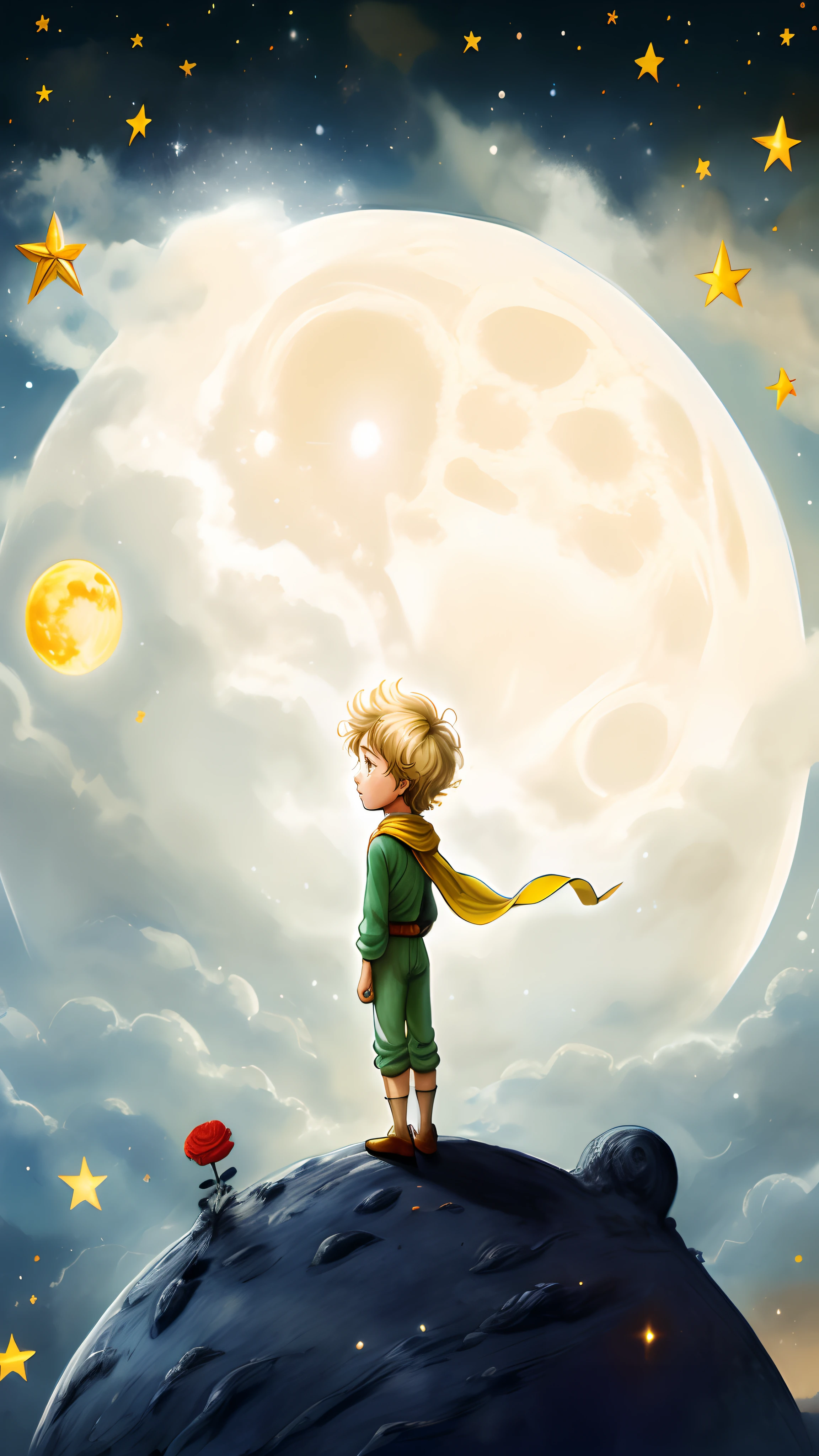 there is a standing on a hill looking at the moon, the little prince, fan art, key art, epic full color illustration, epic digital art illustration, official illustration, official art, hd wallpaper, wallpaper - 1 0 2 4, highly detailed exquisite fanart, stunning digital illustration, in the moon, digital cartoon painting art, 2 d cg