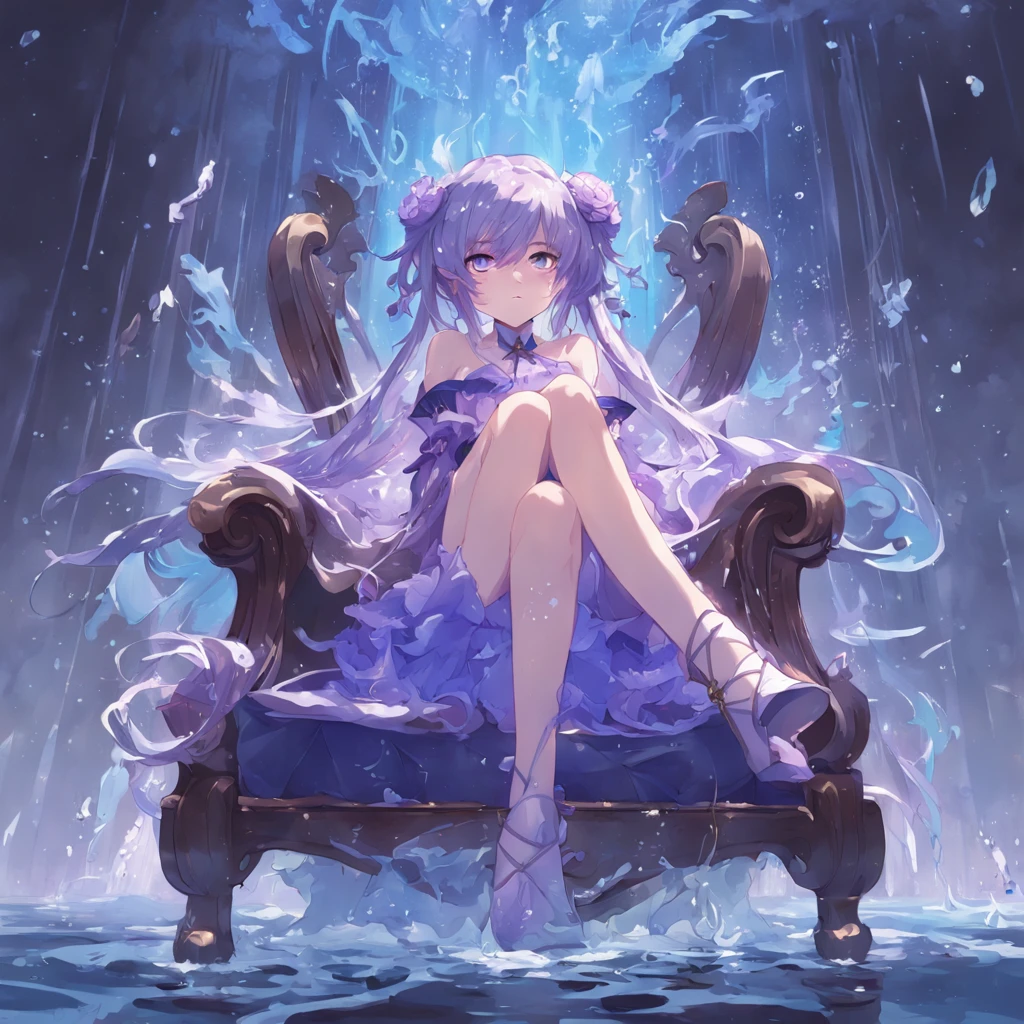 A girl with long hair with a purple gradient blue sits on an aristocratic chair, Water splashing art anime, Guweiz in Pixiv ArtStation, trending on artstation pixiv, style of anime4 K, Guweiz on ArtStation Pixiv, zerochan art, Anime fantasy illustration, Girl in a skirt, pixiv contest winner, Digital art on Pixiv，haughty，Delicate aristocratic dress