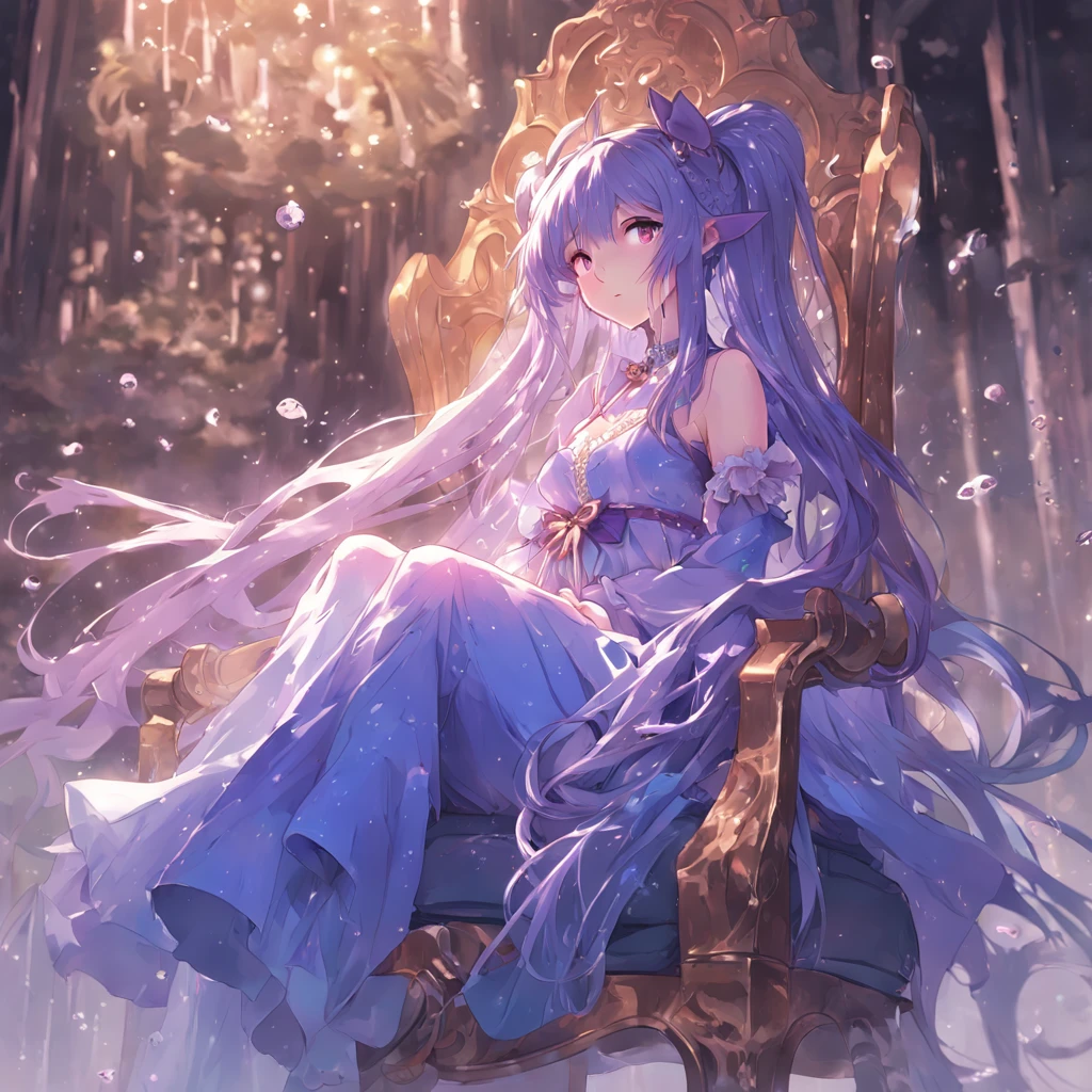 A girl with long hair with a purple gradient blue sits on an aristocratic chair, Water splashing art anime, Guweiz in Pixiv ArtStation, trending on artstation pixiv, style of anime4 K, Guweiz on ArtStation Pixiv, zerochan art, Anime fantasy illustration, Girl in a skirt, pixiv contest winner, Digital art on Pixiv,haughty,Delicate aristocratic dress