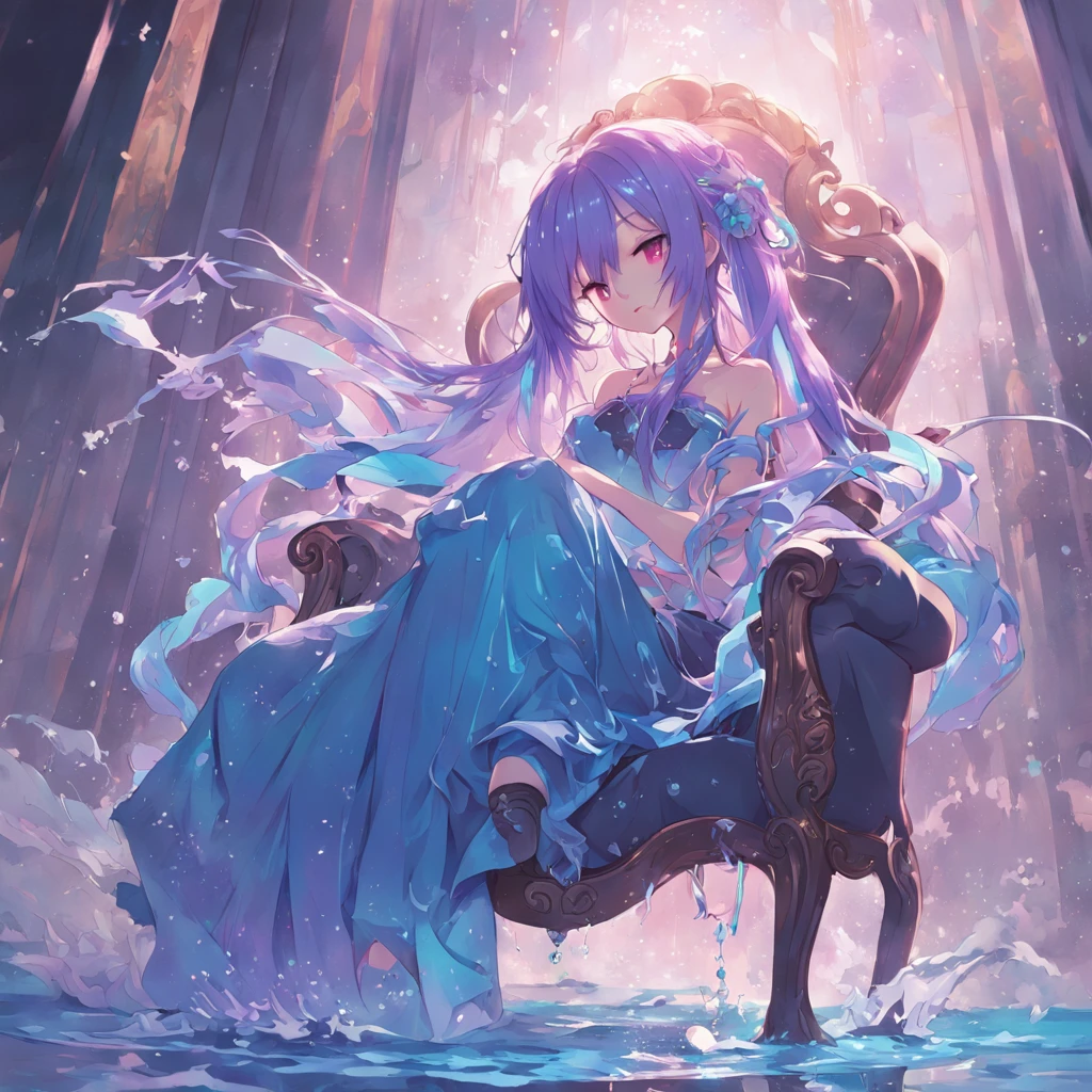 A girl with long hair with a purple gradient blue sits on an aristocratic chair, Water splashing art anime, Guweiz in Pixiv ArtStation, trending on artstation pixiv, style of anime4 K, Guweiz on ArtStation Pixiv, zerochan art, Anime fantasy illustration, Girl in a skirt, pixiv contest winner, Digital art on Pixiv，haughty，Delicate aristocratic dress