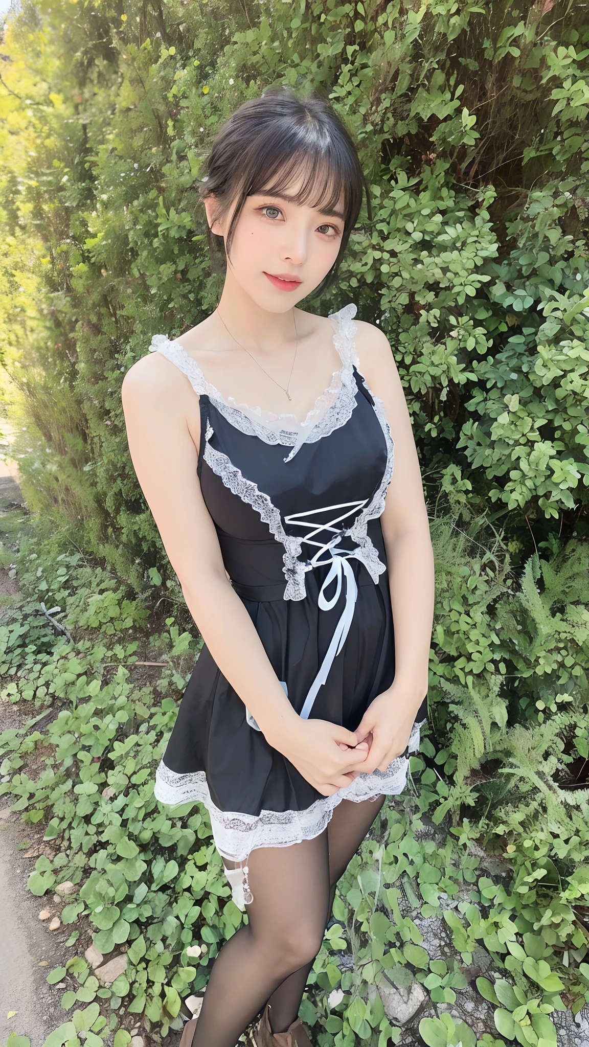 ((masterpiece)), ((highest quality、Ultra high definition)), (Very detailed),8K、Photo quality、((Amazingly cute girl)),16-year-old girl)), Two people, , (Beautiful emerald blue eyes), ((smile)),In the open-air bath overlooking the sea, Beautifully arranged black hair in twin tails、スリムボディー、((Cute lolita maid style swimsuit))、Professional Lighting、(White lace knee-highore detailed and beautiful)、(More details and cutenesore realistic)、(((Just wear light clothing)))、プールではしゃぐ、