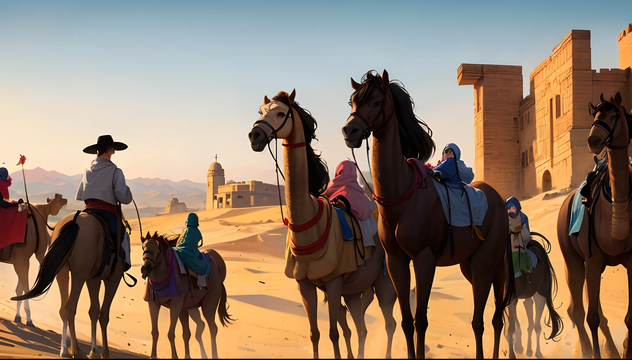 Gobi， Three people，Two horses，A camel