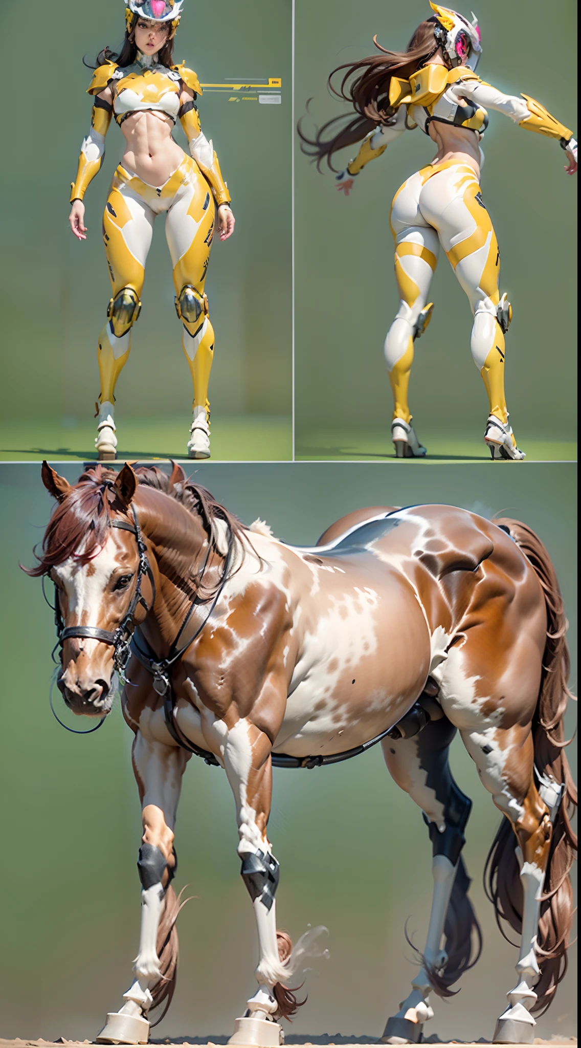 A female centaur,She is famous in the multiverse,She is both a female centaur, half human, half horse, half horse,It is also a heroic move,Her image fuses the head, neck and shoulders parts into a beautiful female human upper body, a female centaur, half human, half horse, half human,and female centaurs for female bodyization,This chimerization is based on powerful futuristic technology。The ultra-wide-angle lens captures the beautiful and ethereal image of her light wings on the ionosphere and making jumps。Her front half is a tall, sexy body with obvious feminine characteristics,Has K cup teardrop-shaped giant tit chest,The half-horse of the hind body is embedded in the front half of the body, the back and hip position,The half-horse torso form of the back half of the body is completely female and humanized,A sexy bent dog-style shaped ribcage is embedded from the upper end of the sternum transversely,Then there are the waist and abdomen hips of sexy beauties,The half-horse part of the fully feminized back half of the body,Mechanize the anti-joints and feet in the shape of the hind leg horse's knee and personify these parts,Make the legs graceful and slender,She has four slender legs like a supermodel,Under the legs are the feet of humans wearing skyscraper heels,Use Midjourney's advanced stroke tools and color palettes, as well as texture packs, model packs, and texture tools,Concentration,All of her with equine physiology organs are feminized,And give the part an ergonomic appearance,Treat the details of the back body, chest, abdominal cavity and hips and legs,Tighten the thoracic and abdominal contours of the back half of the body,Add anthropomorphic mechanical elements to non-ergonomic parts,Give her a sexy human look of harmony and unity,Enhance the sense of future technology。Plated her mechanical wings with a glow unique to space,The halo crown on her head casts a neon light casting a rainbow,Let her be majestic,Use Midjourney's advanced stroke and texture too