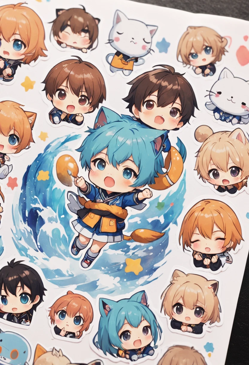 Close-up of some stickers,There is a different photo of a boy on it, a sticker, unused sticker sheet, Kawaii chibi, kawaii cutest sticker ever, Cute kawaii boy, Cute anime, Chibi anime boy, water color nendoroid, Cute anime style, Soft anime illustration, Anime moe art style, lovely art style, anime chibi, Moe anime boy, Cute anime cat