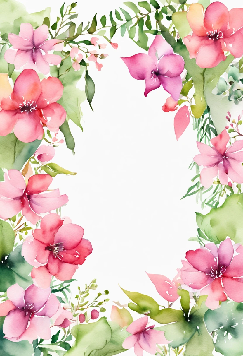 a watercolor floral frame with pink flowers and green leaves, botanical background, flower frame, flower background, floral background, watercolor background, flowers and foliage, floral painted backdrop, botanic watercolors, watercolor illustration, flowers background, without text, watercolor illustration style, flowers in background, plain background, wreath of ferns, fine background proportionate, botanic foliage, floral pattern