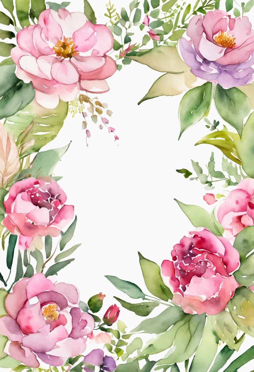 a watercolor floral frame with pink flowers and green leaves, botanical background, flower frame, flower background, floral background, watercolor background, flowers and foliage, floral painted backdrop, botanic watercolors, watercolor illustration, flowers background, without text, watercolor illustration style, flowers in background, plain background, wreath of ferns, fine background proportionate, botanic foliage, floral pattern