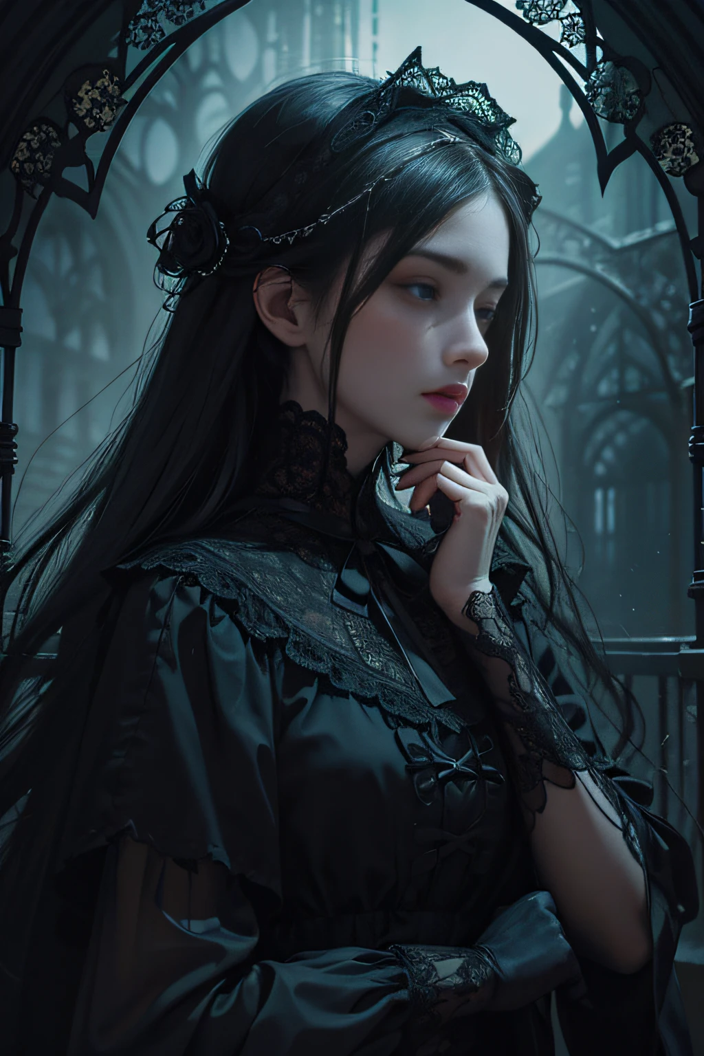 Official Art, Unity 8k wallpaper, super detailed, beautiful, beautiful, masterpiece, best quality,
darkness, atmosphere, mystery, romanticism, creepy, literature, art, fashion, victorian, decoration, intricacies, ironwork, lace, contemplation, emotional depth, supernatural,
1 girl, solo, neck, bust composition