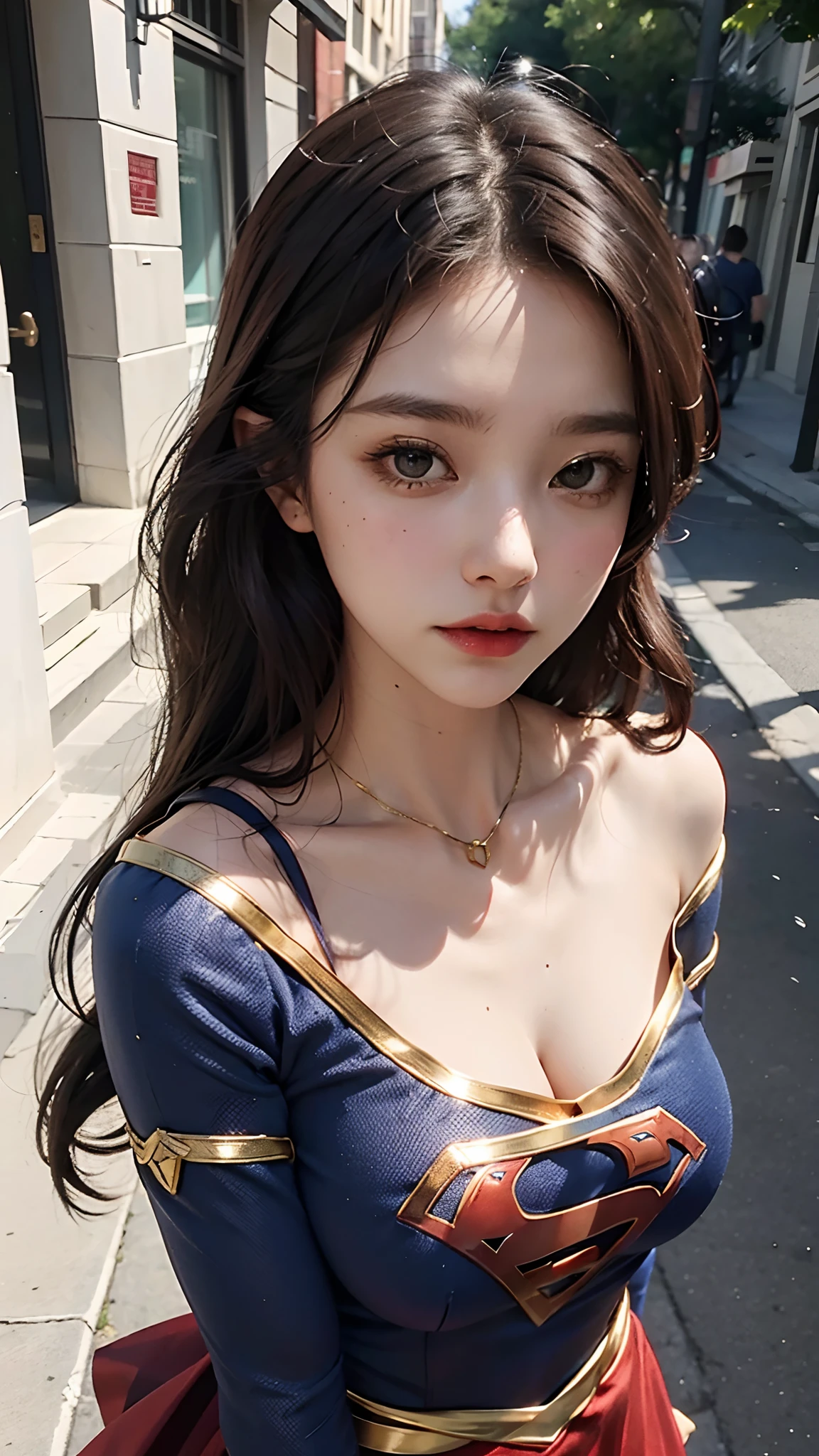 Woman body set big breasts,Supergirl costume dress,Cut clothes,Close-up,Off-the-shoulder attire,Charming,perfect bodies,the street