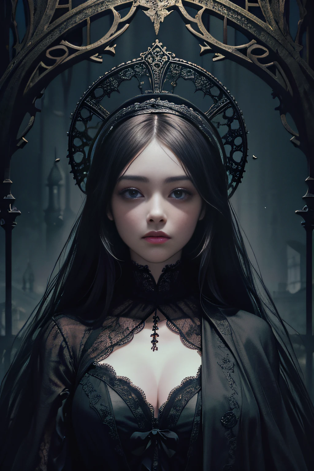 Official Art, Unity 8k wallpaper, super detailed, beautiful, beautiful, masterpiece, best quality,
darkness, atmosphere, mystery, romanticism, creepy, literature, art, fashion, victorian, decoration, intricacies, ironwork, lace, contemplation, emotional depth, supernatural,
1 girl, solo, neck, bust composition