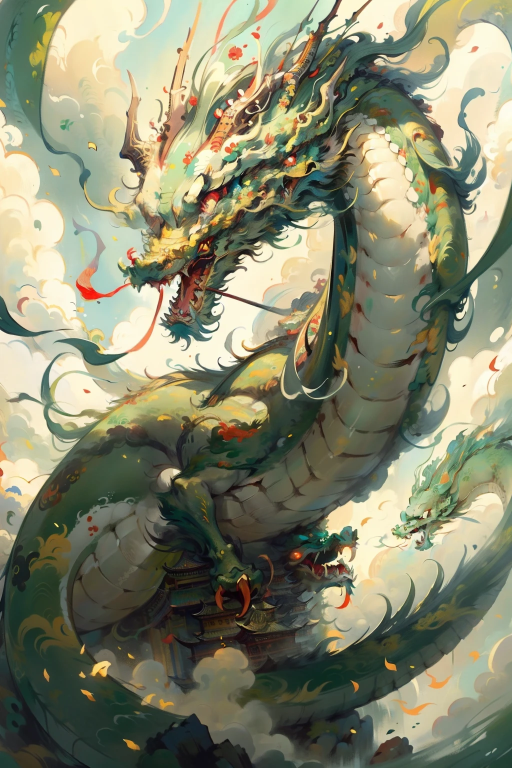 Best quality at best,tmasterpiece,超高分辨率,without humans,(The long:1.2),without humans,red eyes,horn,Huge body,with her mouth open,Skysky,Fang,Yellow-green Chinese dragon,surrounded by cloud,teeth,dragon claw,flight,Better flight attitude form,rich details,Intricate Painting,The style is Chinese Dunhuang painting