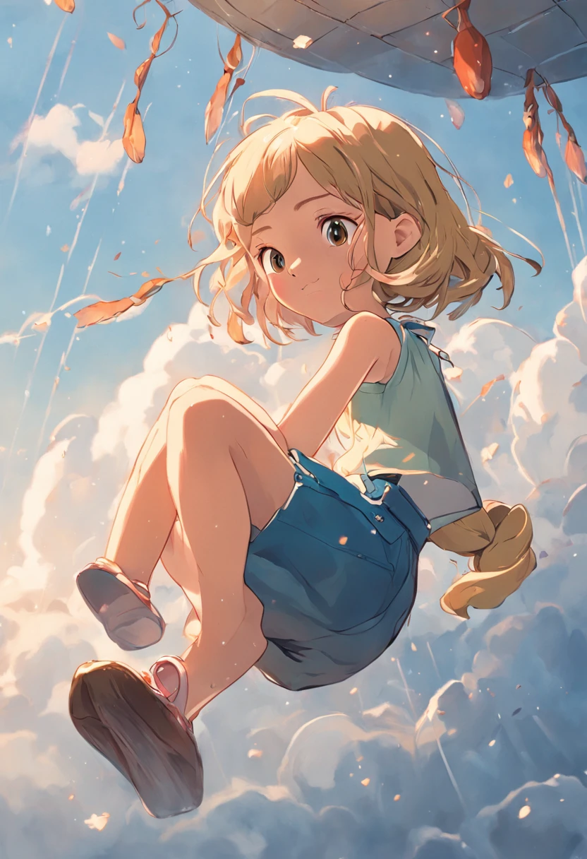 movie picture quality,Disney animation,Disney animated films,Little girl sitting on giant koi flying in the sky,Thick clouds,Short hair and small braids,Denim suspenders,The barefoot,depth of fields,high light,Real light,Ray traching,oc rendered,Hyper-realistic,best qualtiy,8K,Works of masters,super-fine,Detailed pubic hair,Correct anatomy,sharp focus on eyes,Bokeh,Facial features are carefully depicted