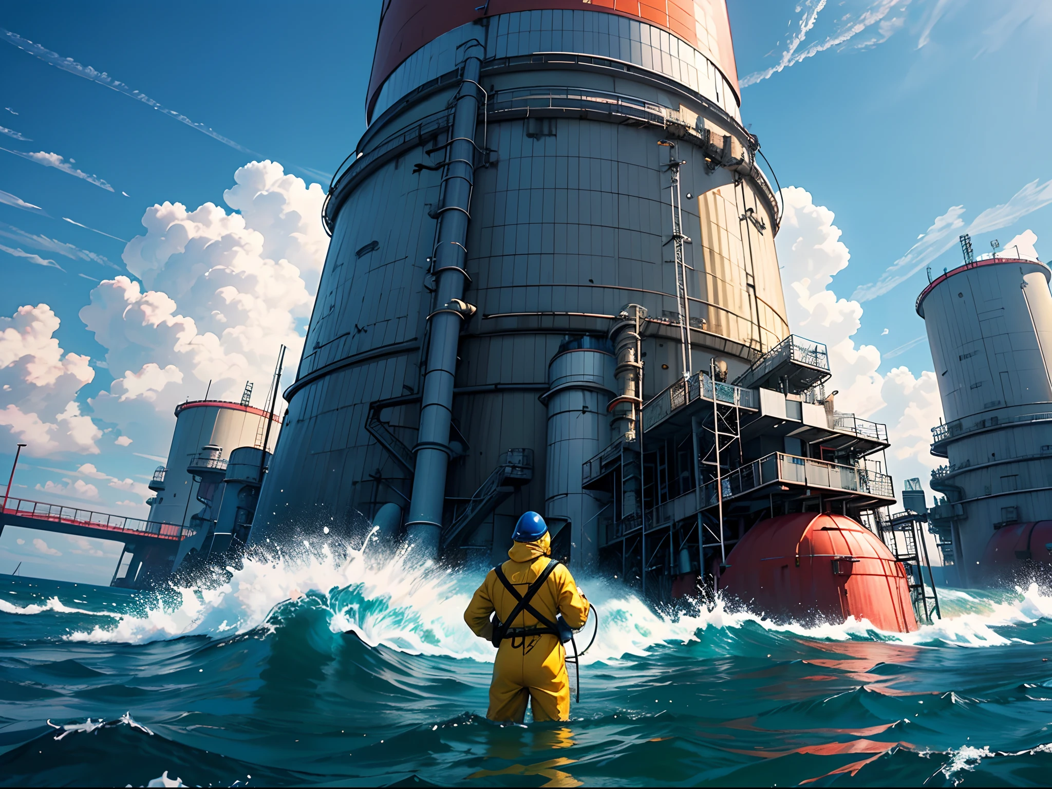 top-quality、tmasterpiece、超A high resolution、(Photorealsitic)2.5D、the sea,Seaside nuclear power plant,Three men operate the machine in yellow nuclear protective suits,Huge pipes drain black water into the sea,Doomsday style,hyper HD