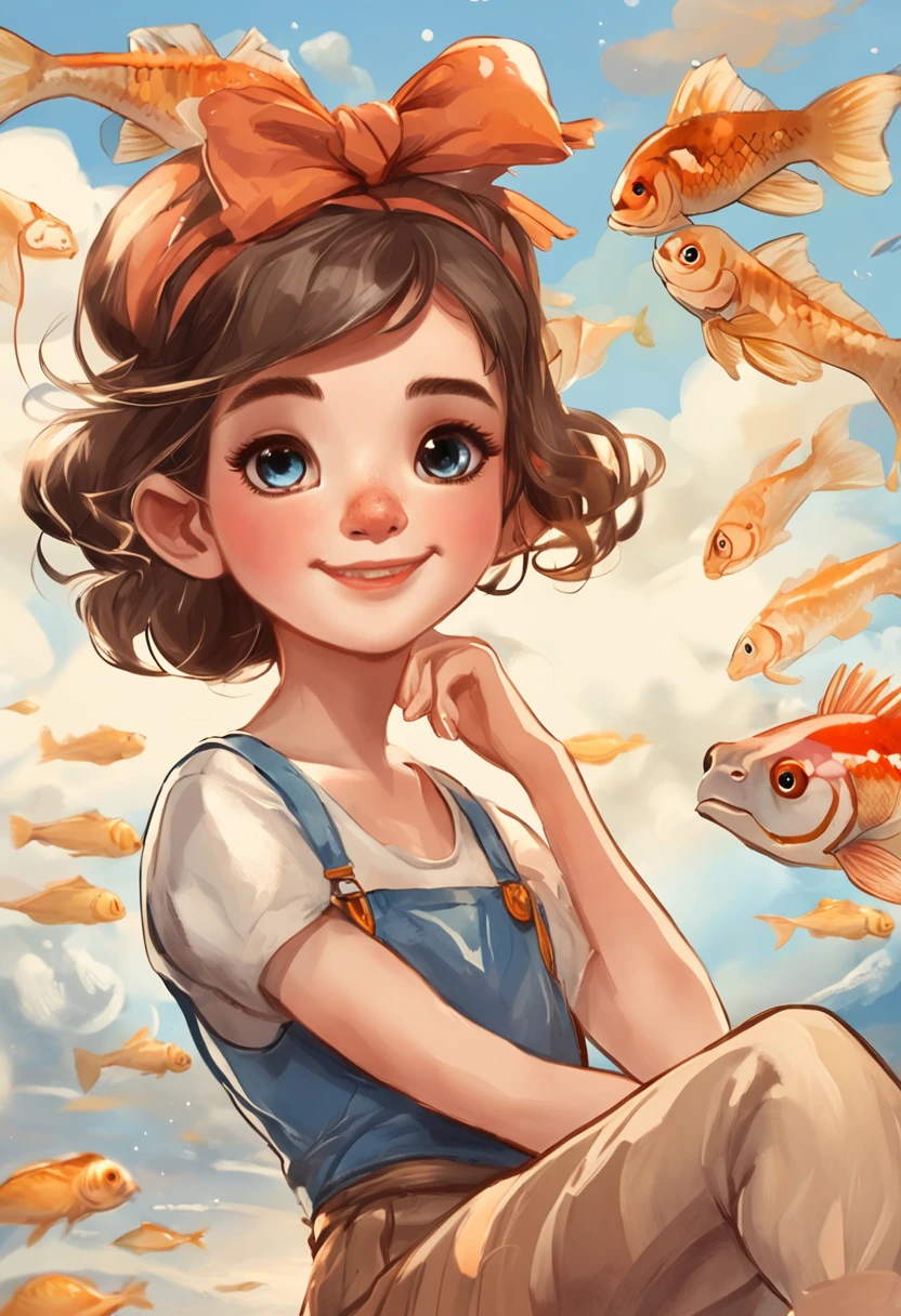 movie picture quality，Disney animation，Disney animated films， girl sitting on giant koi flying in the sky，Thick clouds，Short hair and small braids，Denim suspenders，The barefoot，depth of fields，high light，Real light，Ray traching，oc rendered，Hyper-realistic，best qualtiy，8K，Works of masters，super-fine，Detailed pubic hair，Correct anatomy，sharp focus on eyes，Bokeh，Facial features are carefully depicted