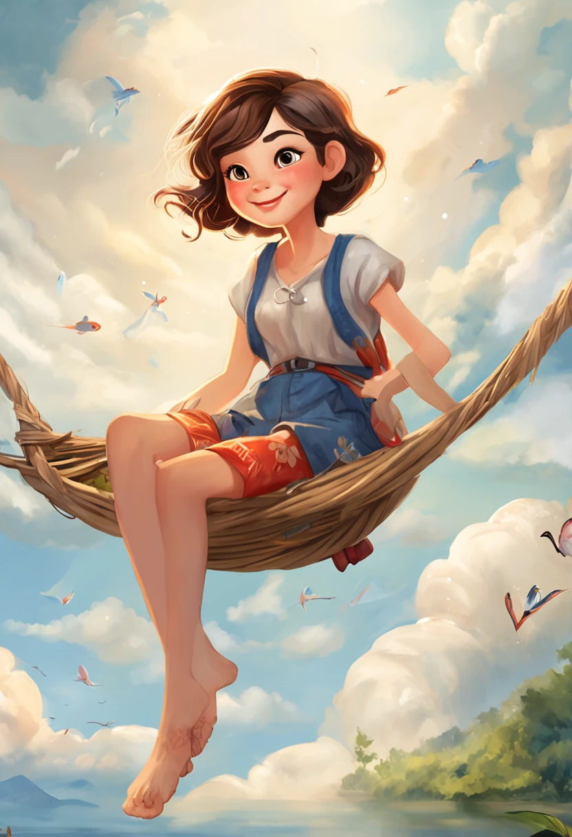movie picture quality，Disney animation，Disney animated films，Little girl sitting on giant koi flying in the sky，Thick clouds，Short hair and small braids，Denim suspenders，The barefoot，depth of fields，high light，Real light，Ray traching，oc rendered，Hyper-realistic，best qualtiy，8K，Works of masters，super-fine，Detailed pubic hair，Correct anatomy，sharp focus on eyes，Bokeh，Facial features are carefully depicted