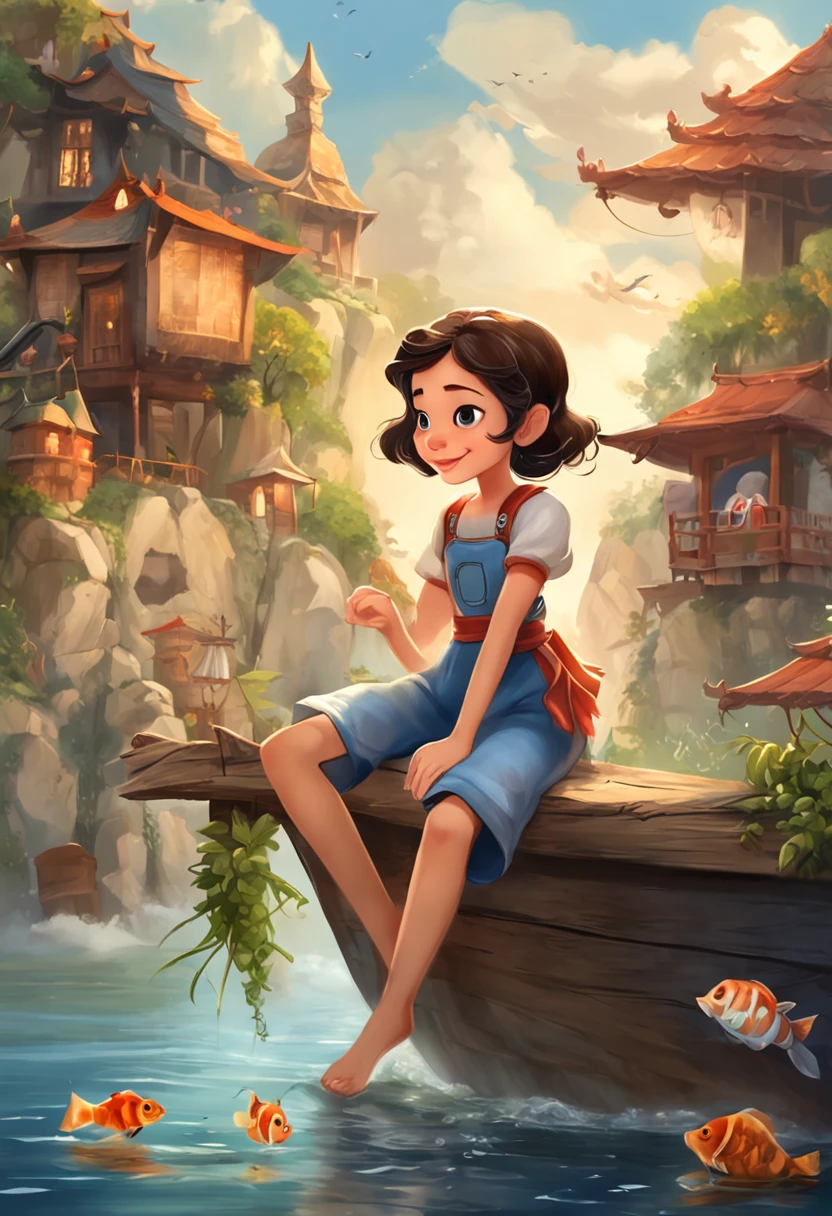 movie picture quality，Disney animation，Disney animated films，Little girl sitting on giant koi flying in the sky，Thick clouds，Short hair and small braids，Denim suspenders，The barefoot，depth of fields，high light，Real light，Ray traching，oc rendered，Hyper-realistic，best qualtiy，8K，Works of masters，super-fine，Detailed pubic hair，Correct anatomy，sharp focus on eyes，Bokeh，Facial features are carefully depicted
