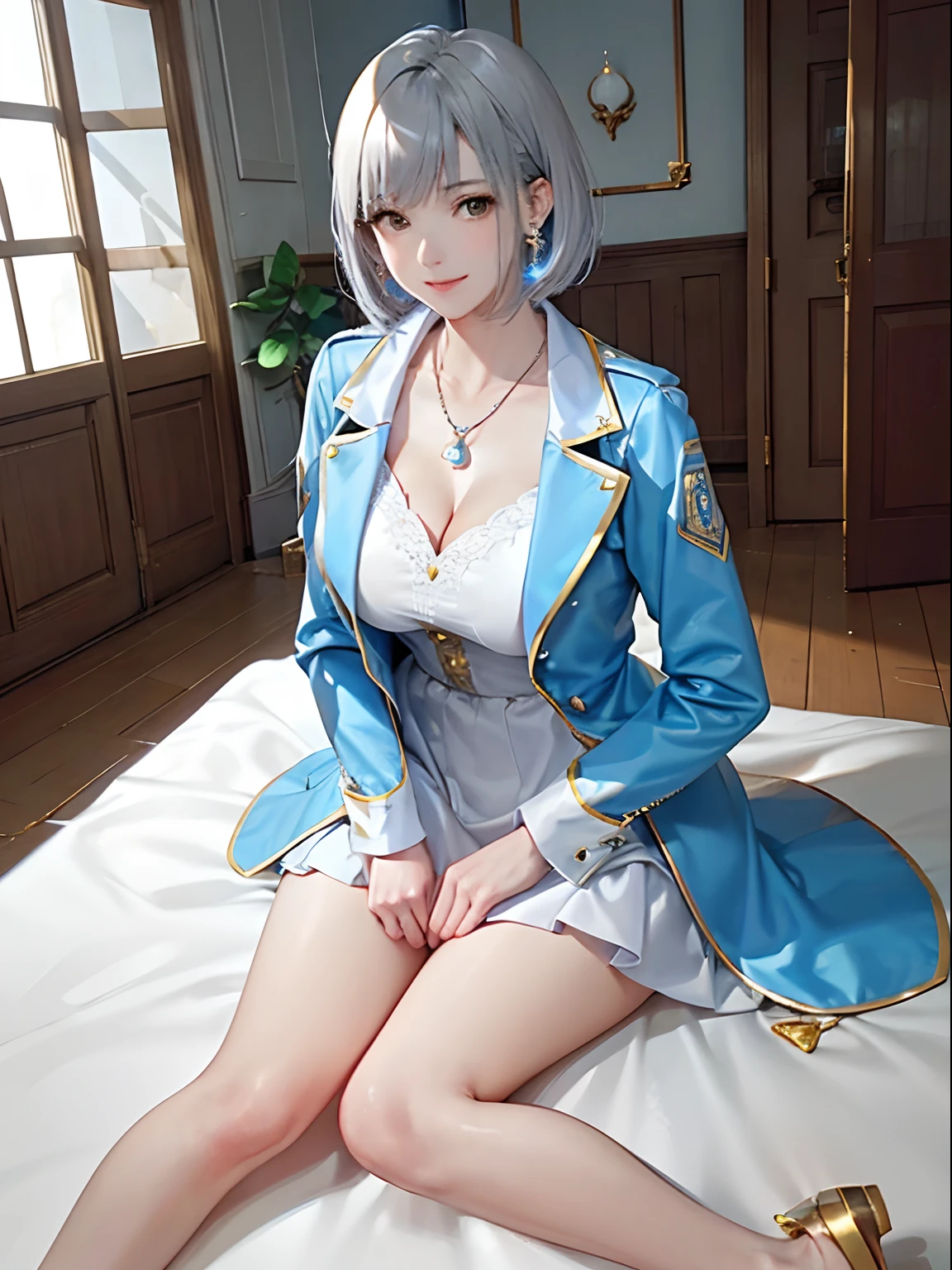 Tall and slender beauty、Beautiful round face、Silver-haired bob、Light blue jacket、white dress skirt、Heart-shaped gold necklace、Silver star-shaped earrings、Sitting on the floor smiling、８Ｋ、ＨＤＲ