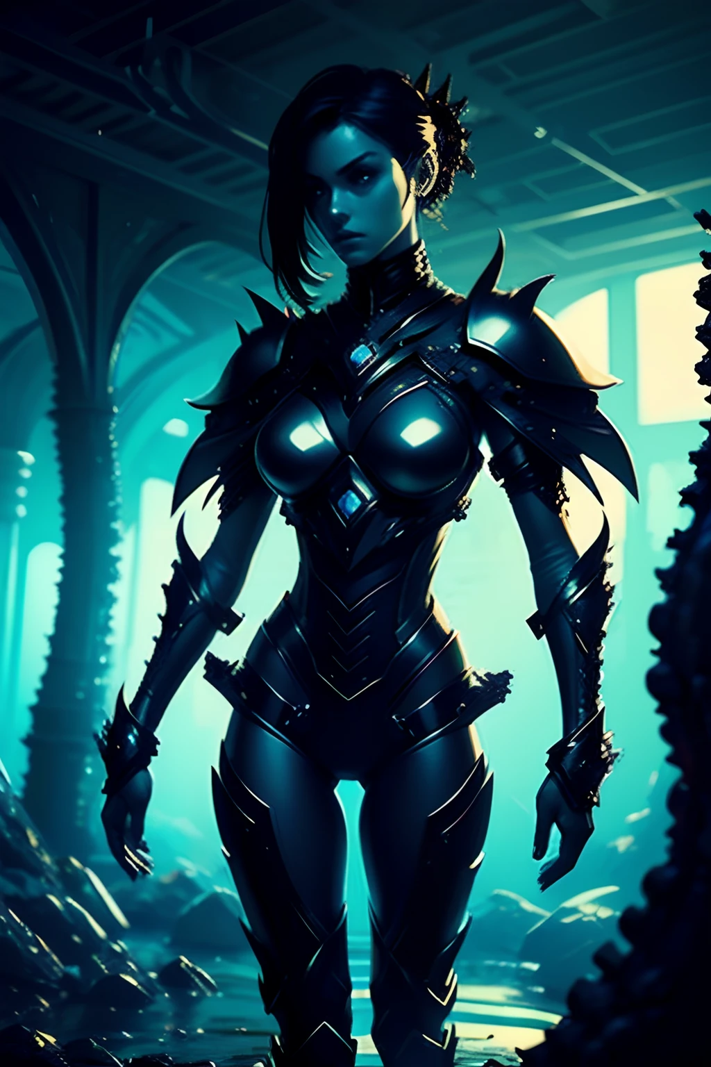 A female character, dressed in an alien armor, immersed in a Lovecraftian atmosphere and creatures