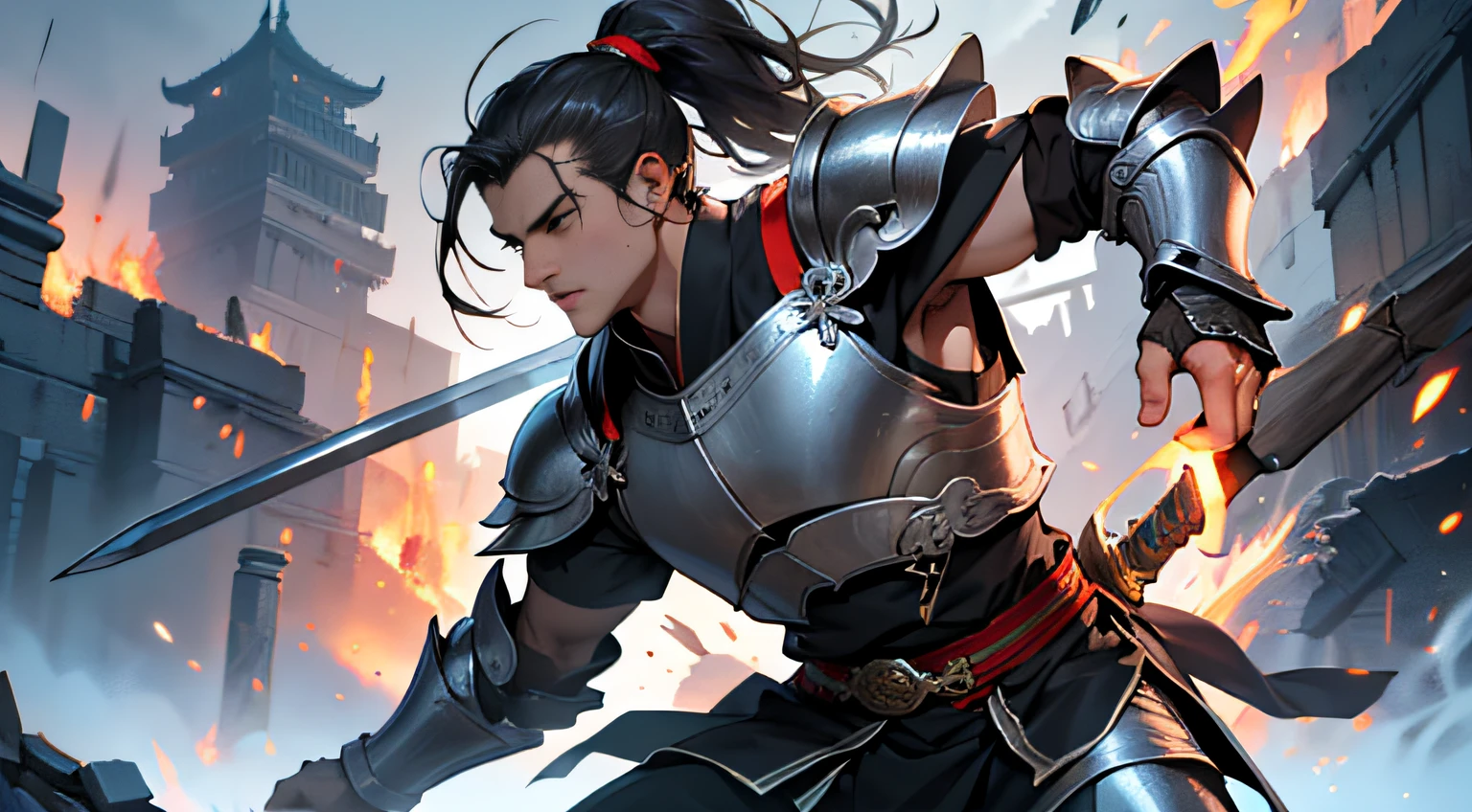 (4K, Best picture quality, A high resolution:1.1), (Masterpiece:1.1), mtu, (Chinese male:1.2), Middle Age, A male warrior in the ancient Chinese battlefield，Handsome，The muscle proportions are correct，Face details，Dusty face，swordsmen，High ponytail hairstyle，cabelos preto e longos，At the ruins，Fire everywhere，holds a spear，The body is low，Enemy siege，Fight to the death，Chinese style armor，Silver armor silver armor，The expression is resolute，Perfectcomposition，Refinement，high qulity，higher details，Lots of details，The background is complex，a sense of atmosphere，