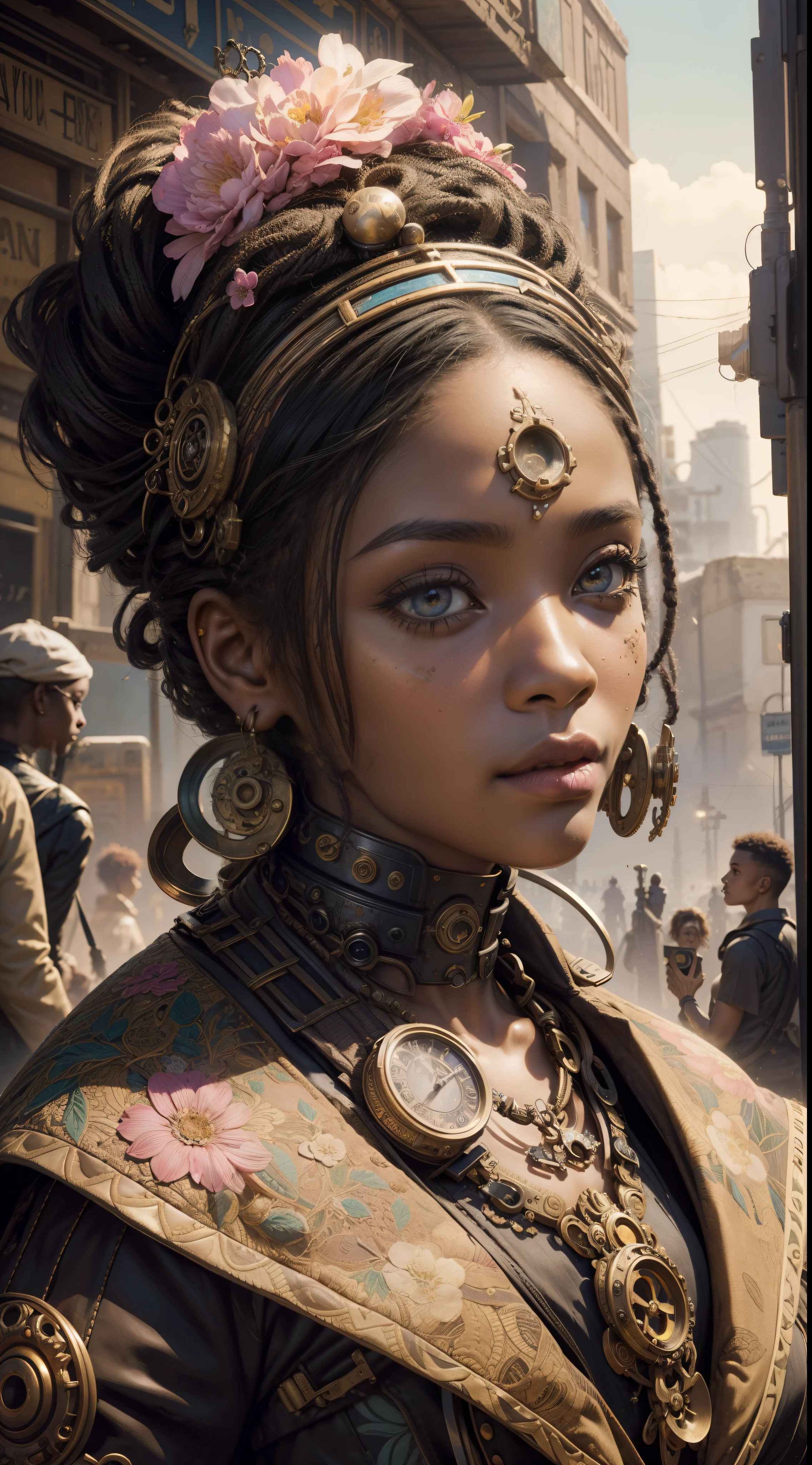 nvinkpunk, floral, steampunk (((African young-aged woman))), insanely beautiful woman, masterpiece, best quality, ((detailed face)), long messy hair, pastel colors, bright eyes, ((award winning)), (High Detail), Sharp, 8k, trending on artstation, intricate, floral.