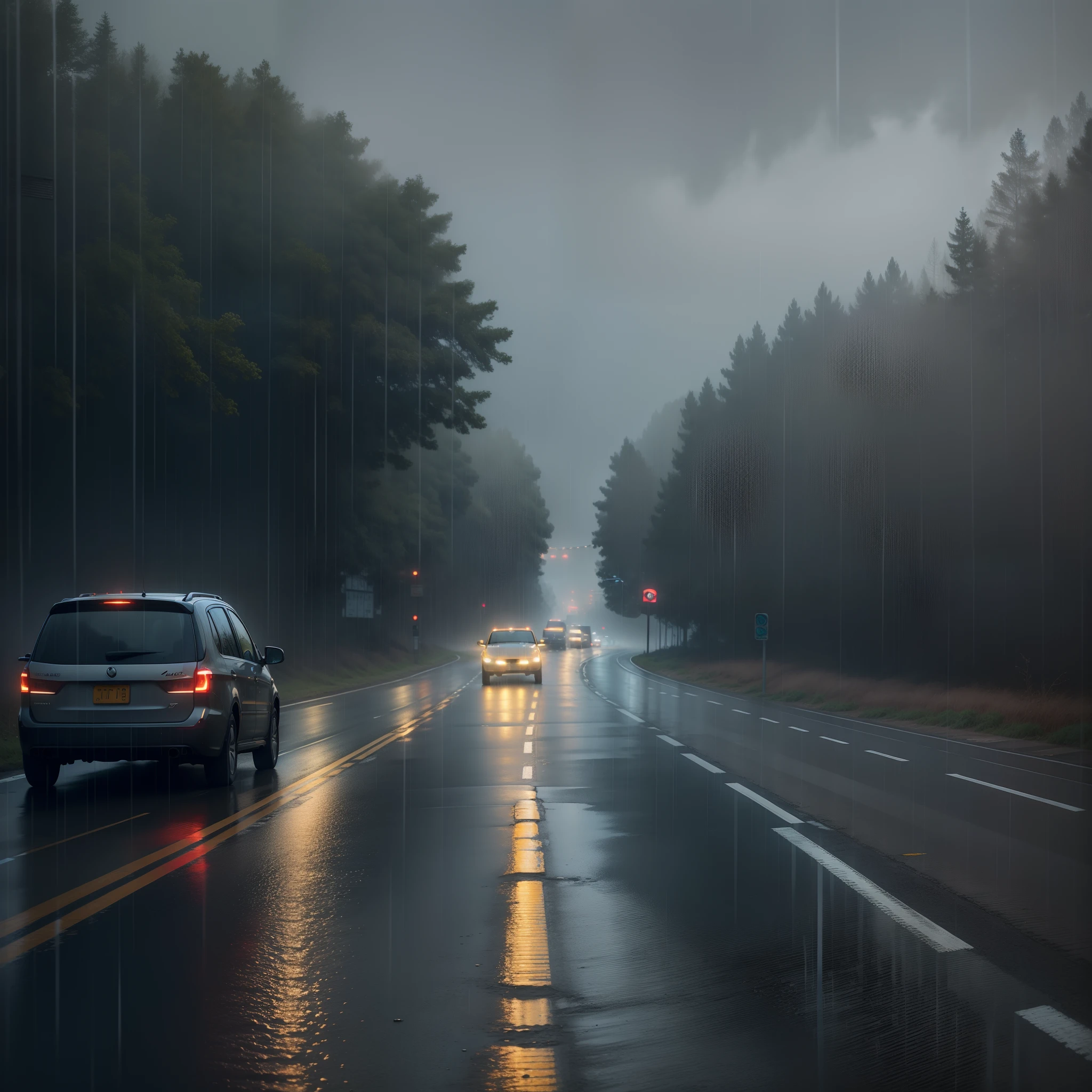 raining day、Foggy、On the road、feeling of solitude、Incoming and outgoing vehicles、high-definition picture quality、Realistic color