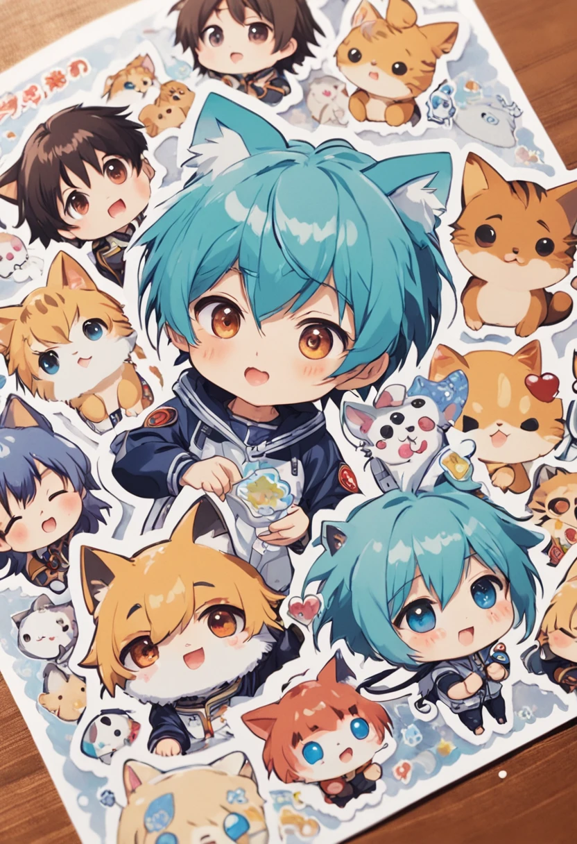 Close-up of a bunch of stickers,There is a different photo of a boy on it, a sticker, unused sticker sheet, Kawaii chibi, kawaii cutest sticker ever, Cute kawaii boy, Cute anime, Chibi anime boy, water color nendoroid, Cute anime style, Soft anime illustration, Anime moe art style, lovely art style, anime chibi, Moe anime boy, Cute anime cat