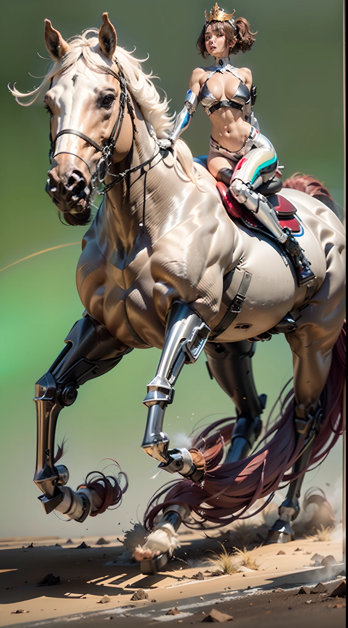 (A female centaur:1.5),She is both(Female: Centaur, half human, half horse, half horse, half horse:1.5),It is also a female Yingzhao。She blends both images,The first is:((The head of the horse/neck/Shoulder these parts,Replaced with a beautiful female human upper body):9.9),'s(Female, half-centaur, half-human, half-horse, half-human:1.5),The second is:((The head of the horse/neck/lower back/hason/gluteal/Shijo Thigh Female Embodiment):9.9),'s(Seamless chimera of a female half-horse with a beauty:9.9),(It's like a chimera of a female human and a half-horse costume:9.9),This chimerism is based on a strong future(Technologie:1.5)above。The ultra-wide-angle lens captures the image of her beautiful and ethereal wings on the ionosphere launching a super-high-speed charge and leaping。Her front half is distinctly feminine,Tall sexy body,possessed(K cup giant coconut tit chest:9.9),Has(Narrowed small brute waist 5.5)、Butterfly cross、(Long legs:9.9),The embedded interface of the bent female metamorphosis part of the back half of the body is at the hip position of the front half of the body。(The horse-shaped, half-horse torso form of her back body is completely female humanization9.9)。Translucent fluid flowing from the(Narrowed sternum 5.5)The upper end begins to embed the chest cavity of a woman in the shape of a bent dog style at the back of the beautiful woman's body/lower back/Ventral transverse。Then there are the sexy beauty's upright hips,(Her entire body has been completely female and replaced by a female body:9.9),Including the half-horse part。Mechanized armor covers the legs with knee-shaped anti-joints and feet,And these parts are highly anthropomorphic,This makes her legs graceful and slender,Her four horse legs exploded in length proportions and was slender and toned,Under the legs are skinny white feet dressed in Skyscraper Heels,Use Midjourney's advanced stroke tools and color palettes, as well as texture packs, model packs, and texture tools,Concentration,Include
