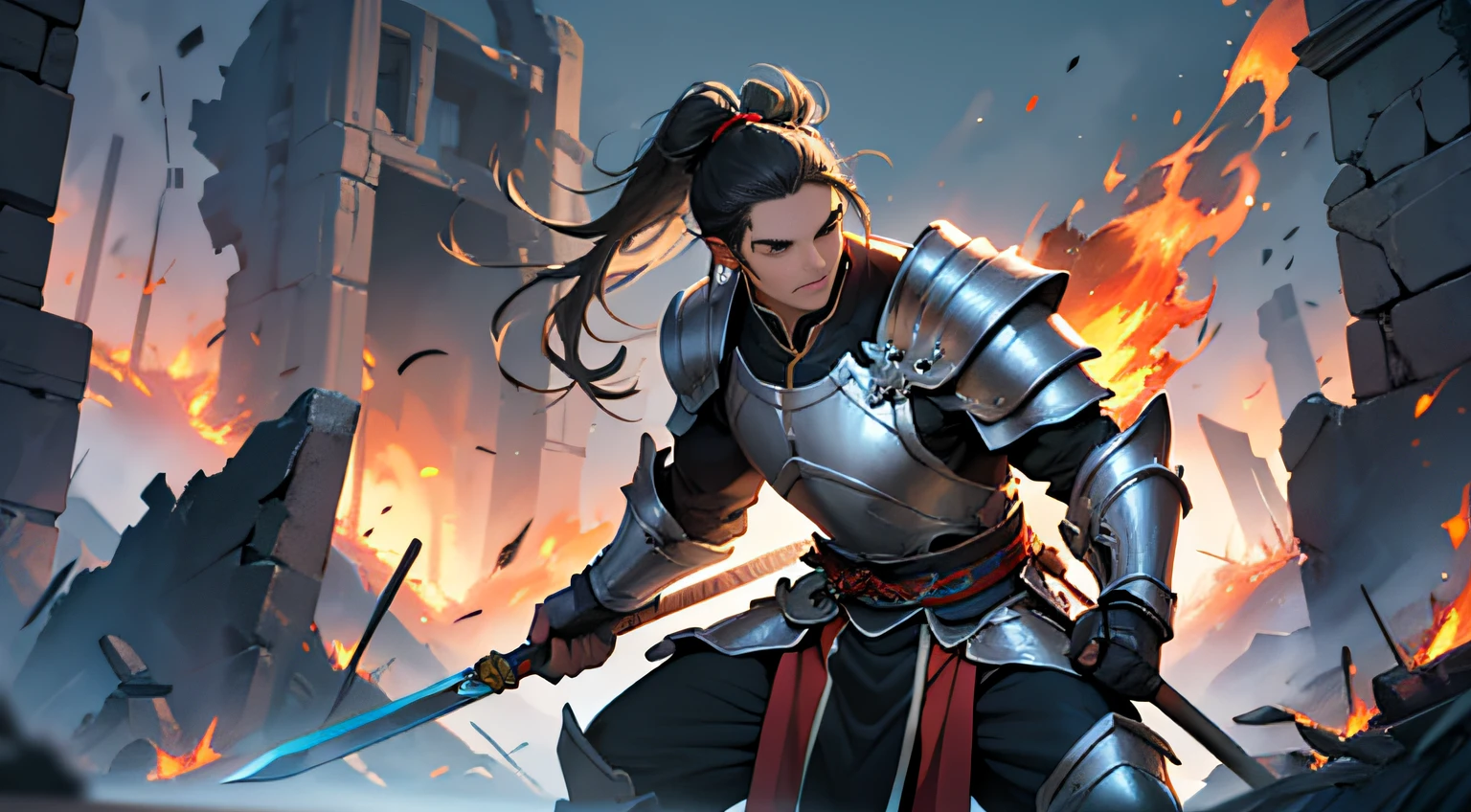 (4K, Best picture quality, A high resolution:1.1), (Masterpiece:1.1), mtu, (Chinese male:1.2), Middle Age, A male warrior in the ancient Chinese battlefield，Handsome，The muscle proportions are correct，Face details，Dusty face，swordsmen，High ponytail hairstyle，cabelos preto e longos，At the ruins，Fire everywhere，holds a spear，The body is low，Enemy siege，Fight to the death，Chinese style armor，Silver armor silver armor，The expression is resolute，Perfectcomposition，Refinement，high qulity，higher details，Lots of details，The background is complex，a sense of atmosphere，
