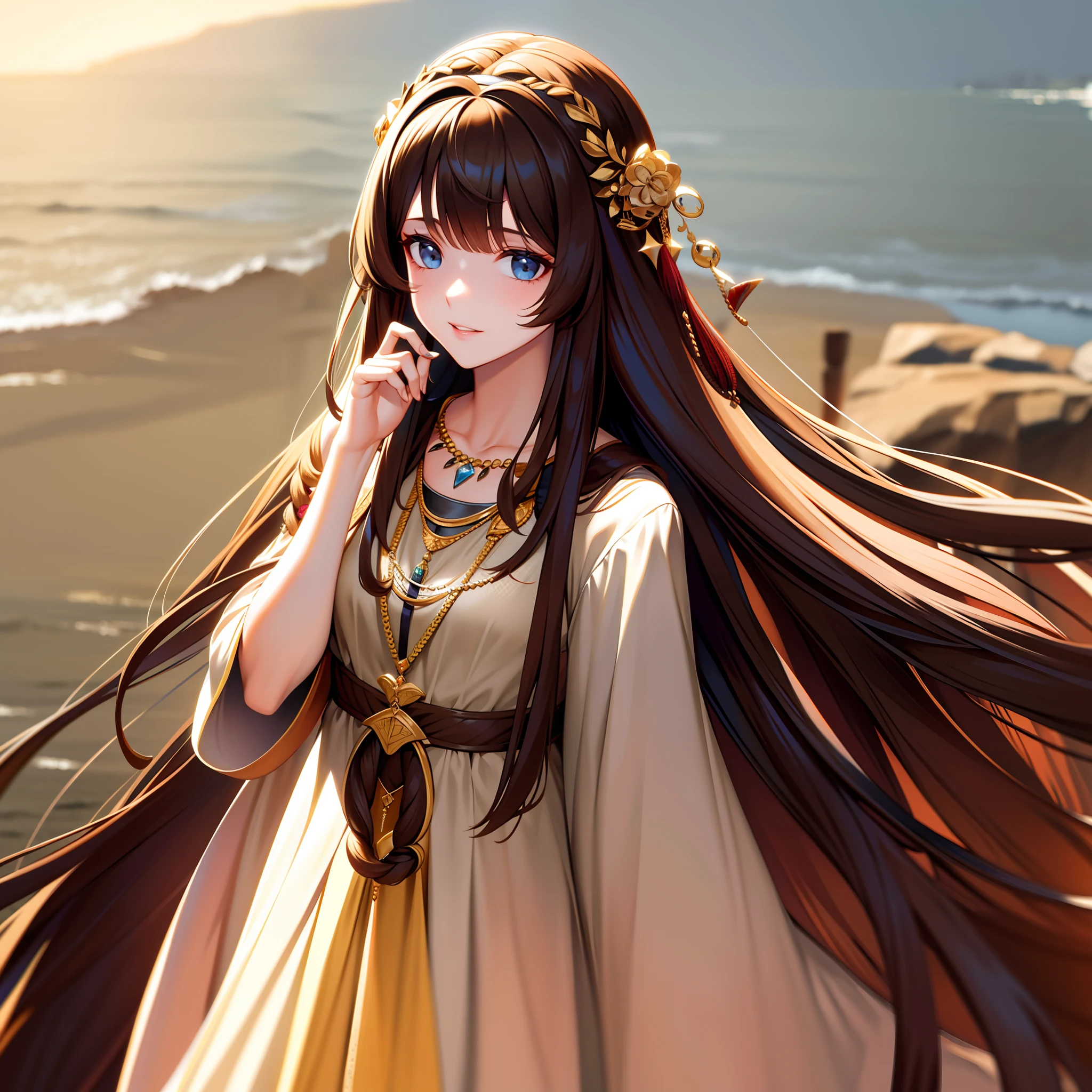 brown hair, hair one side up, long hair, jewelry, rococ o style, panorama, 8k, HD, super detail
