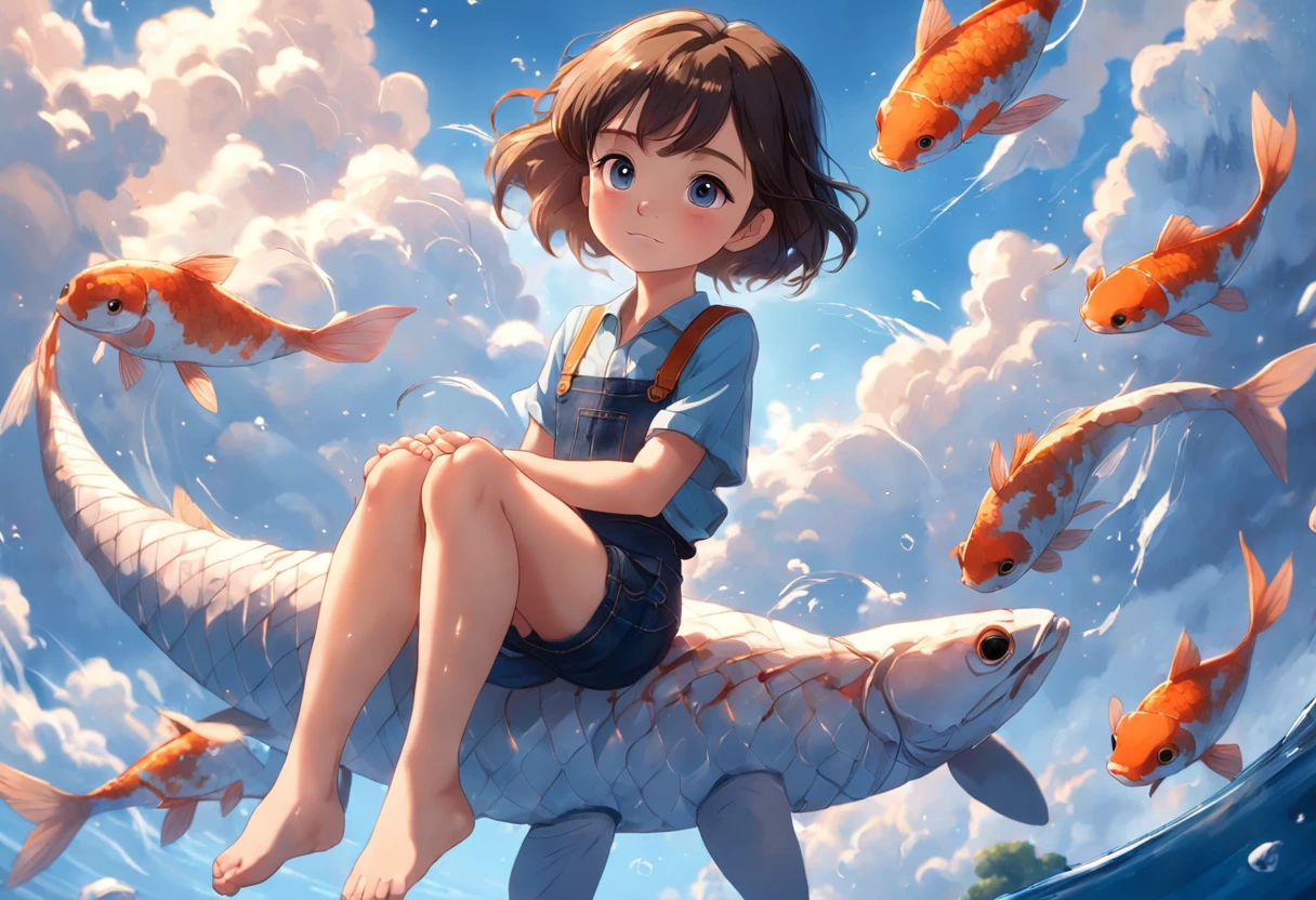 movie picture quality,Disney animation,Disney animated films,Little girl sitting on giant koi flying in the sky,Thick clouds,Short hair and small braids,Denim suspenders,The barefoot,depth of fields,high light,Real light,Ray traching,oc rendered,Hyper-realistic,best qualtiy,8K,Works of masters,super-fine,Detailed pubic hair,Correct anatomy,sharp focus on eyes,Bokeh,Facial features are carefully depicted