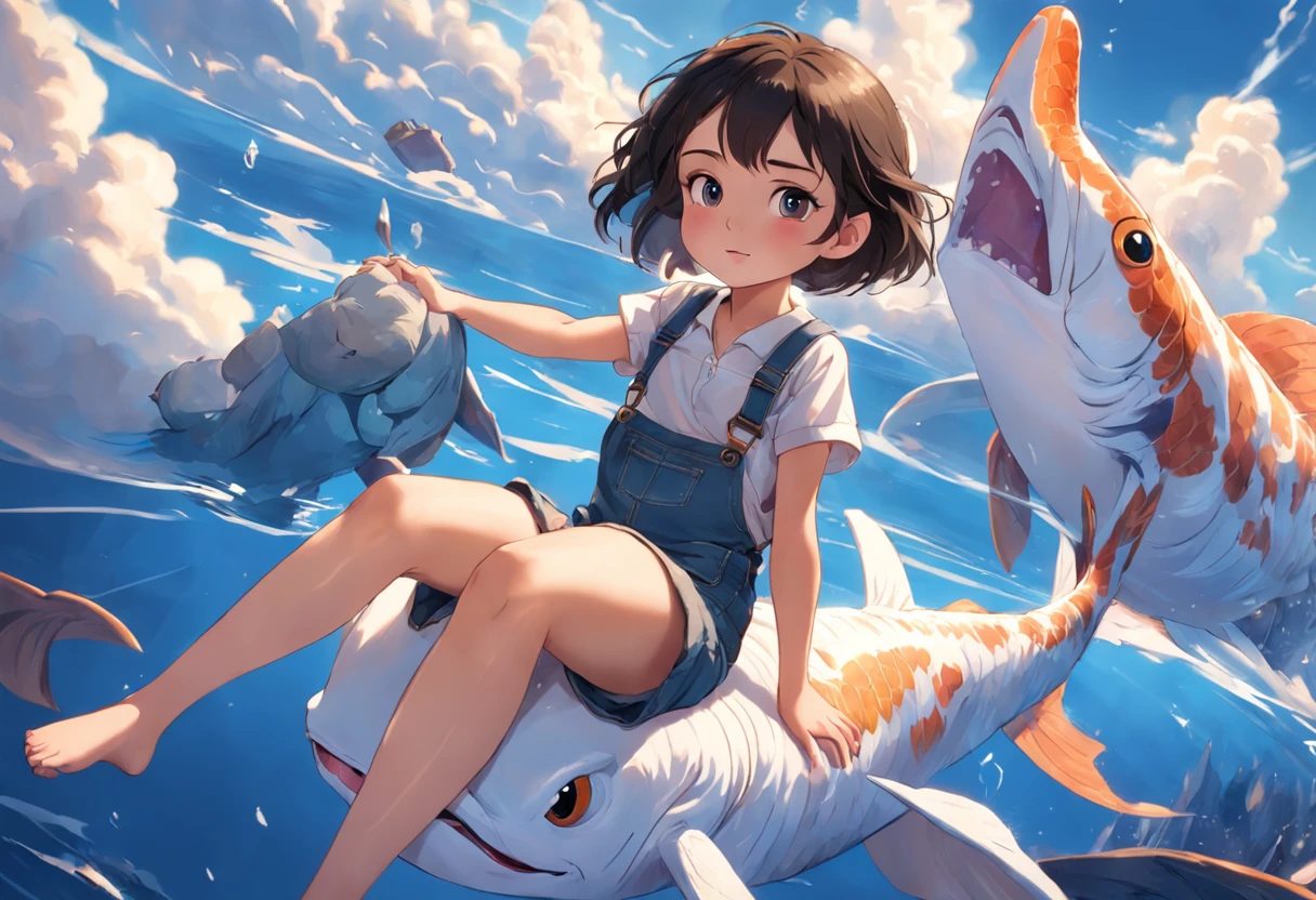 movie picture quality,Disney animation,Disney animated films,Little girl sitting on giant koi flying in the sky,Thick clouds,Short hair and small braids,Denim suspenders,The barefoot,depth of fields,high light,Real light,Ray traching,oc rendered,Hyper-realistic,best qualtiy,8K,Works of masters,super-fine,Detailed pubic hair,Correct anatomy,sharp focus on eyes,Bokeh,Facial features are carefully depicted
