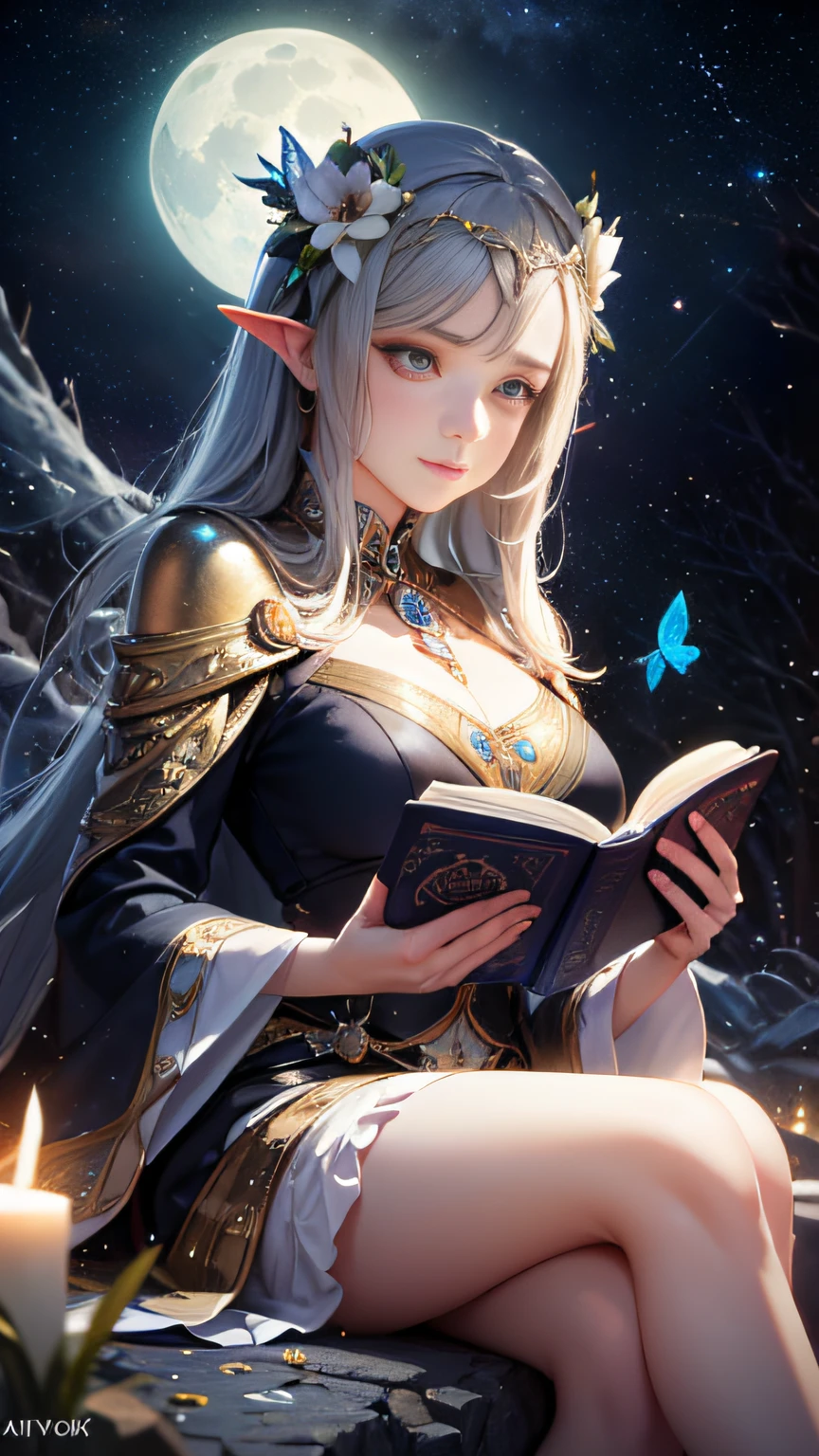 Goddess of the Moon perfect face, sitting on a rock in the forest, reading a magical book, with a stream flowing at her feet, with lit candles illuminating the whole stream, realistic face, flowers and butterflies, R.Giger, WLOP, Artgerm, abstract art, intricate watercolor painting, digital painting, explosion of colors, conceptual art, volumetric lighting, metallic reflections, swirls of glitter, Deco glow, dripping liquid stars and galaxies, 3D render, 8k. Milkyway Galaxy, trend in artstation
