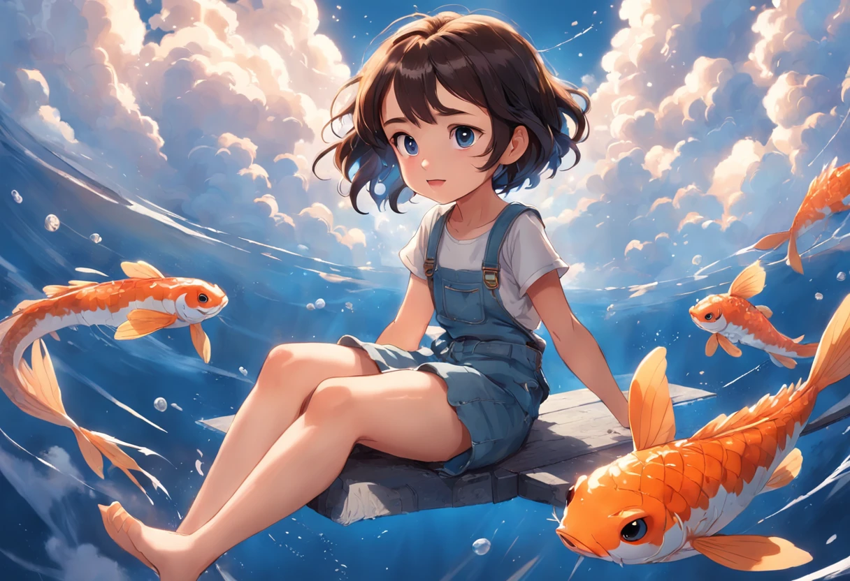 movie picture quality，Disney animation，Disney animated films，Little girl sitting on giant koi flying in the sky，Thick clouds，Short hair and small braids，Denim suspenders，The barefoot，depth of fields，high light，Real light，Ray traching，oc rendered，Hyper-realistic，best qualtiy，8K，Works of masters，super-fine，Detailed pubic hair，Correct anatomy，sharp focus on eyes，Bokeh，Facial features are carefully depicted